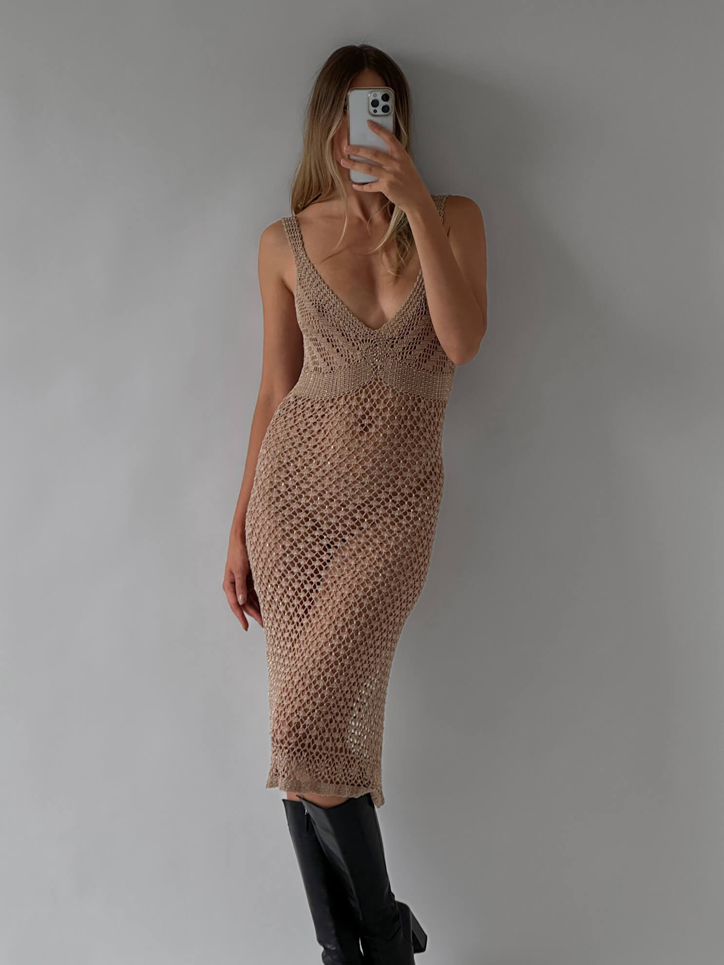 Vintage Beaded Open Weave Crochet Dress | M