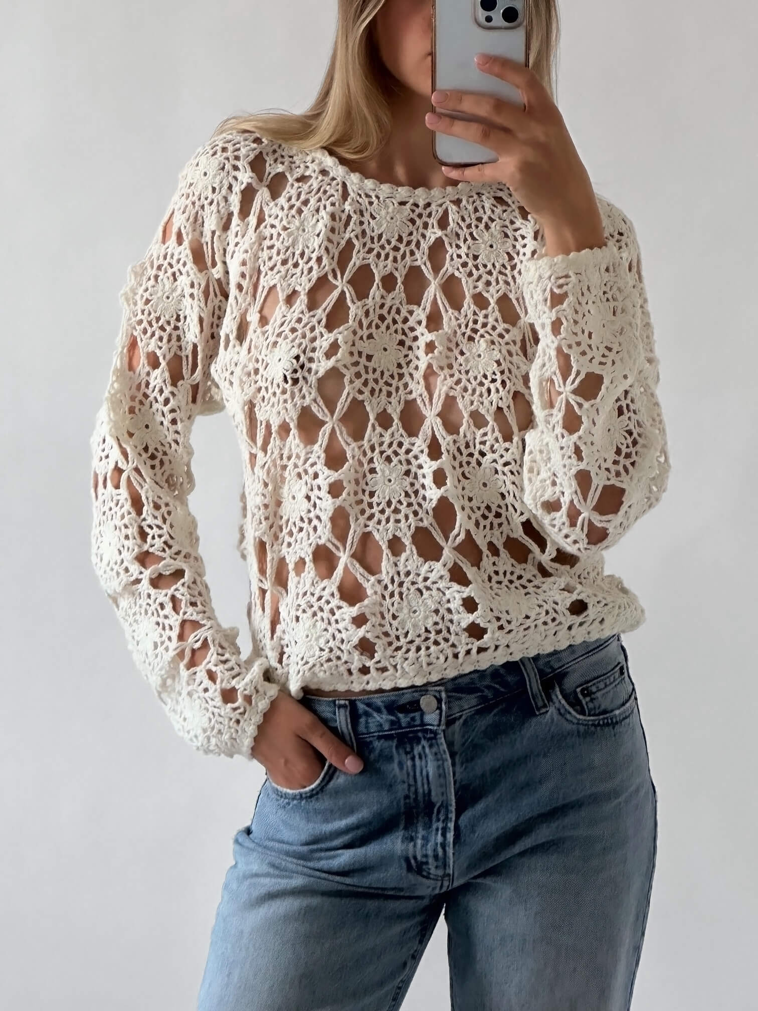 Vintage Floral Crochet Open Weave Knit | XS-M