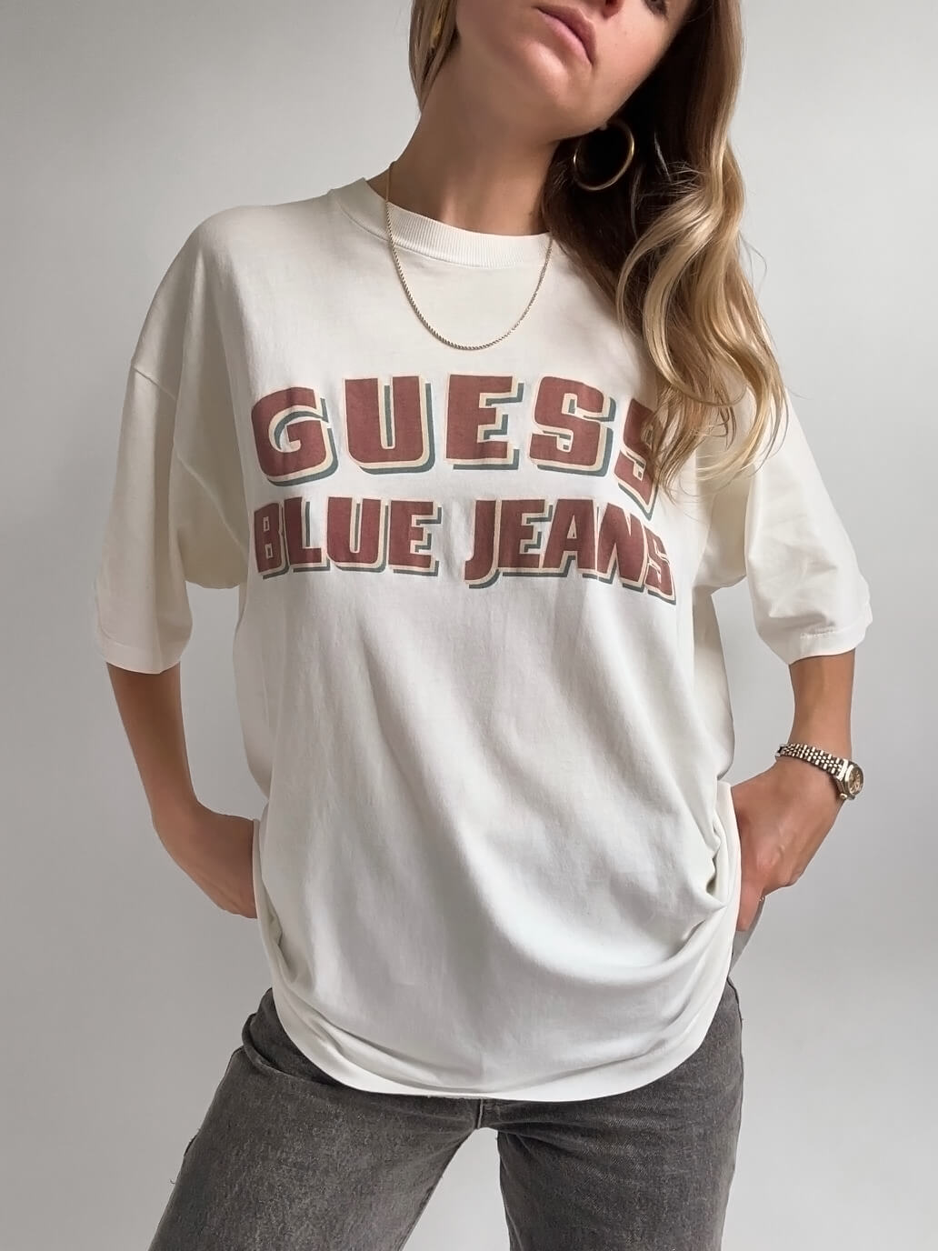 Vintage GUESS BLUE JEANS Distressed Oversized Tee | XL