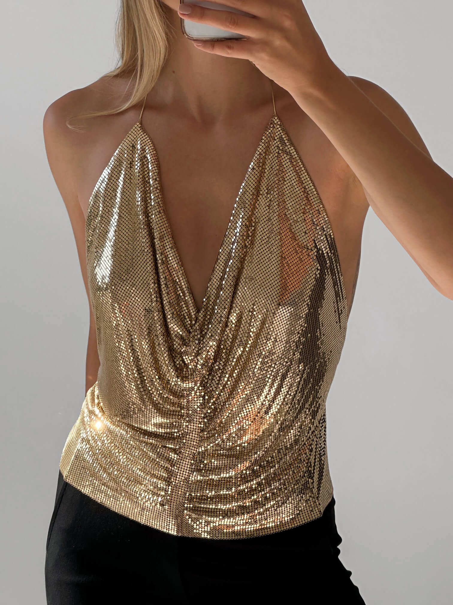 Vintage 1970s WHITING & DAVIS Gold Chainmail Top | XS-M