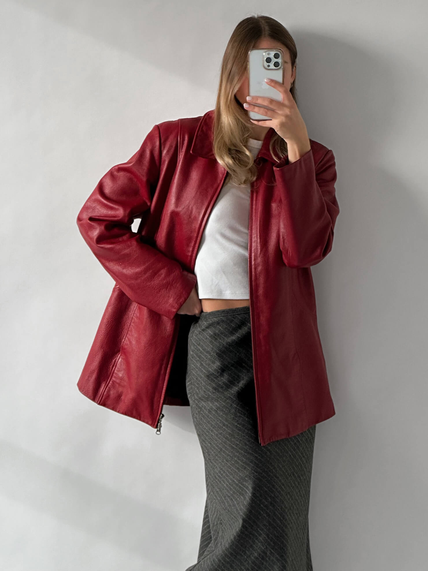 Vintage Oversized Crimson Straight Fit Leather Jacket | XS-L