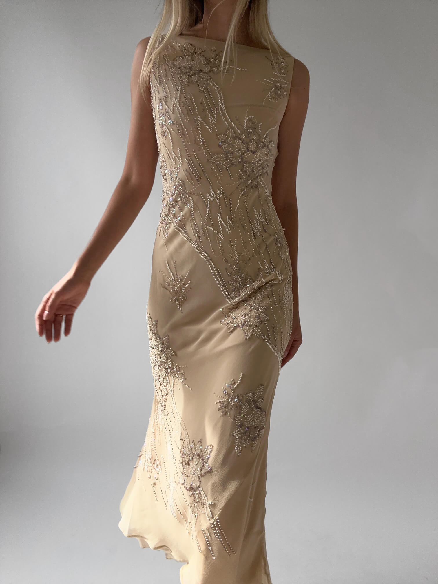 Vintage Beaded Silk Champagne Evening Dress | S