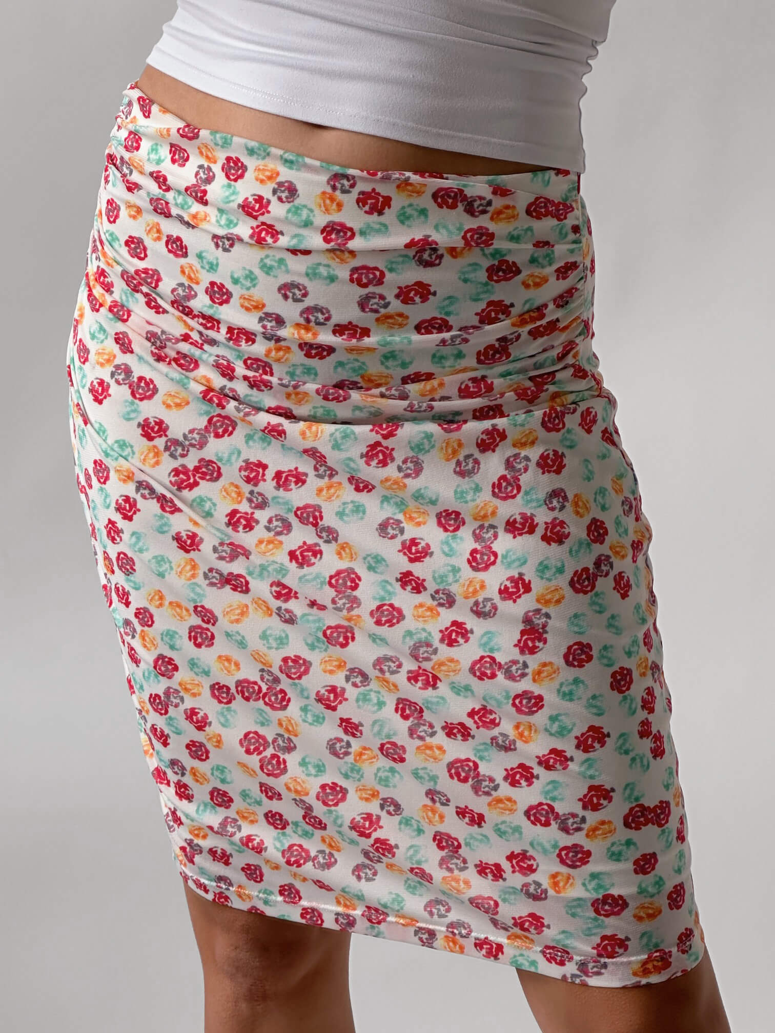 Vintage Floral Ruched Mesh Midi Skirt | S