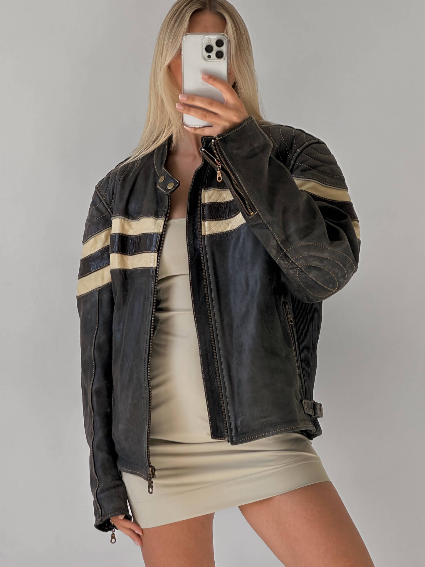 Vintage Oversized Striped Moto Leather Jacket | XS-L