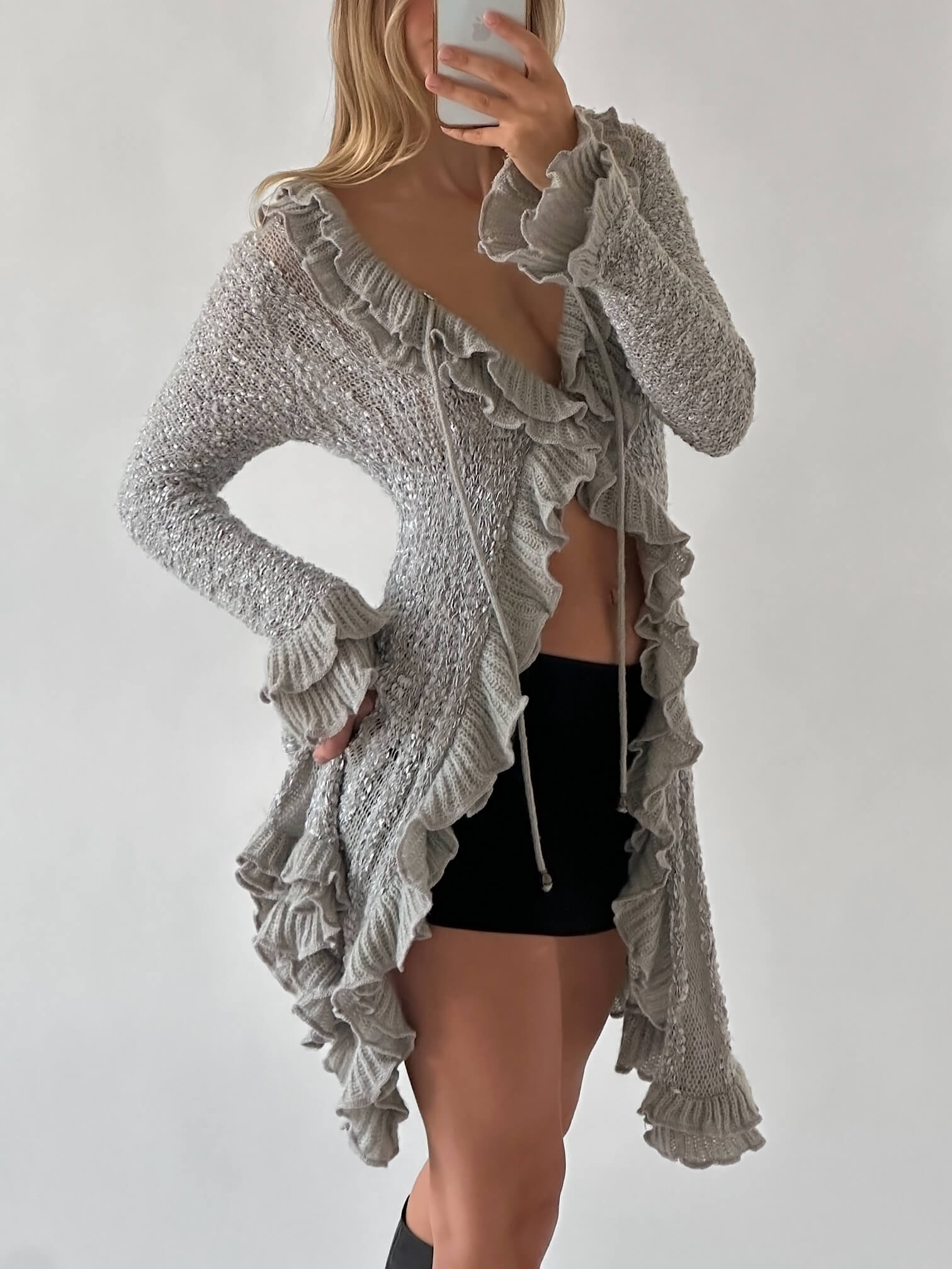 Vintage Boucle Knit Ruffle Cardigan | XS/S