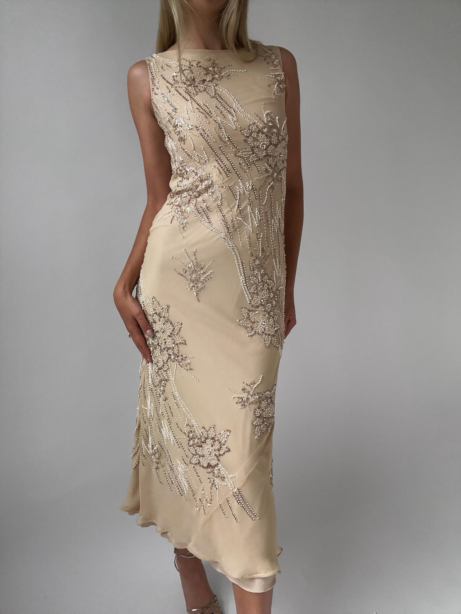 Vintage Beaded Silk Champagne Evening Dress | S