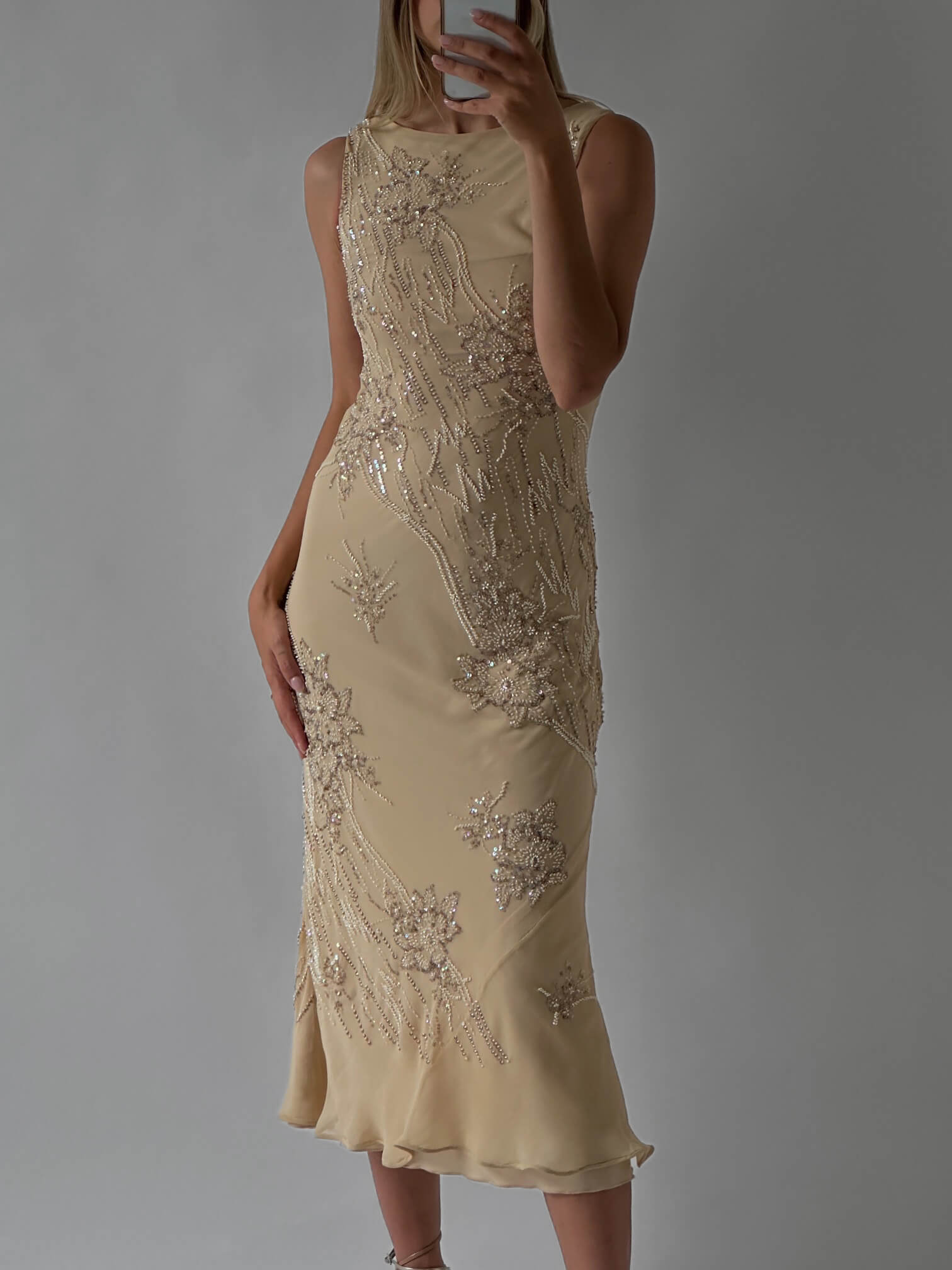 Vintage Beaded Silk Champagne Evening Dress | S