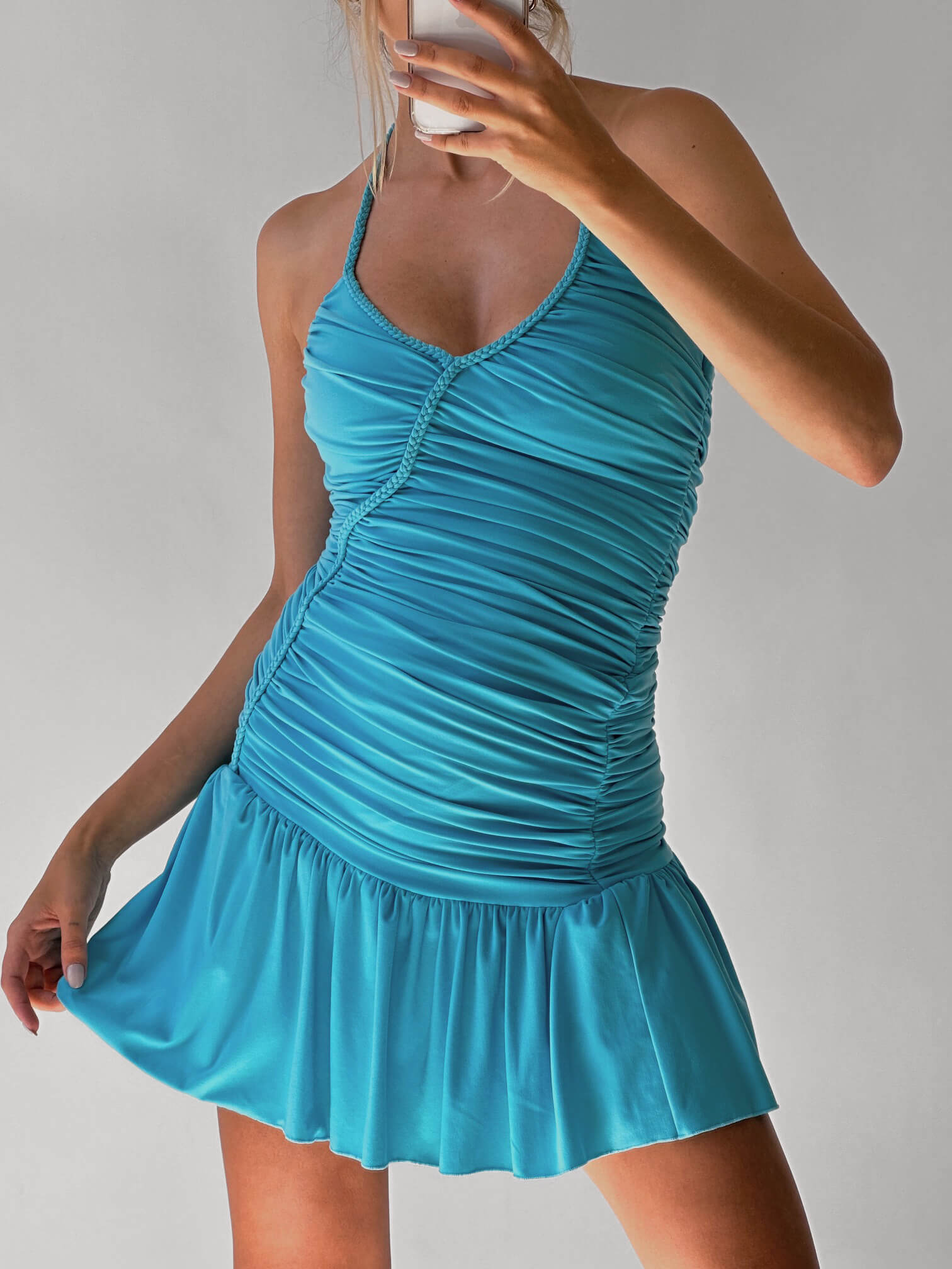 Vintage Aqua Ruched Halter Dress | S/M