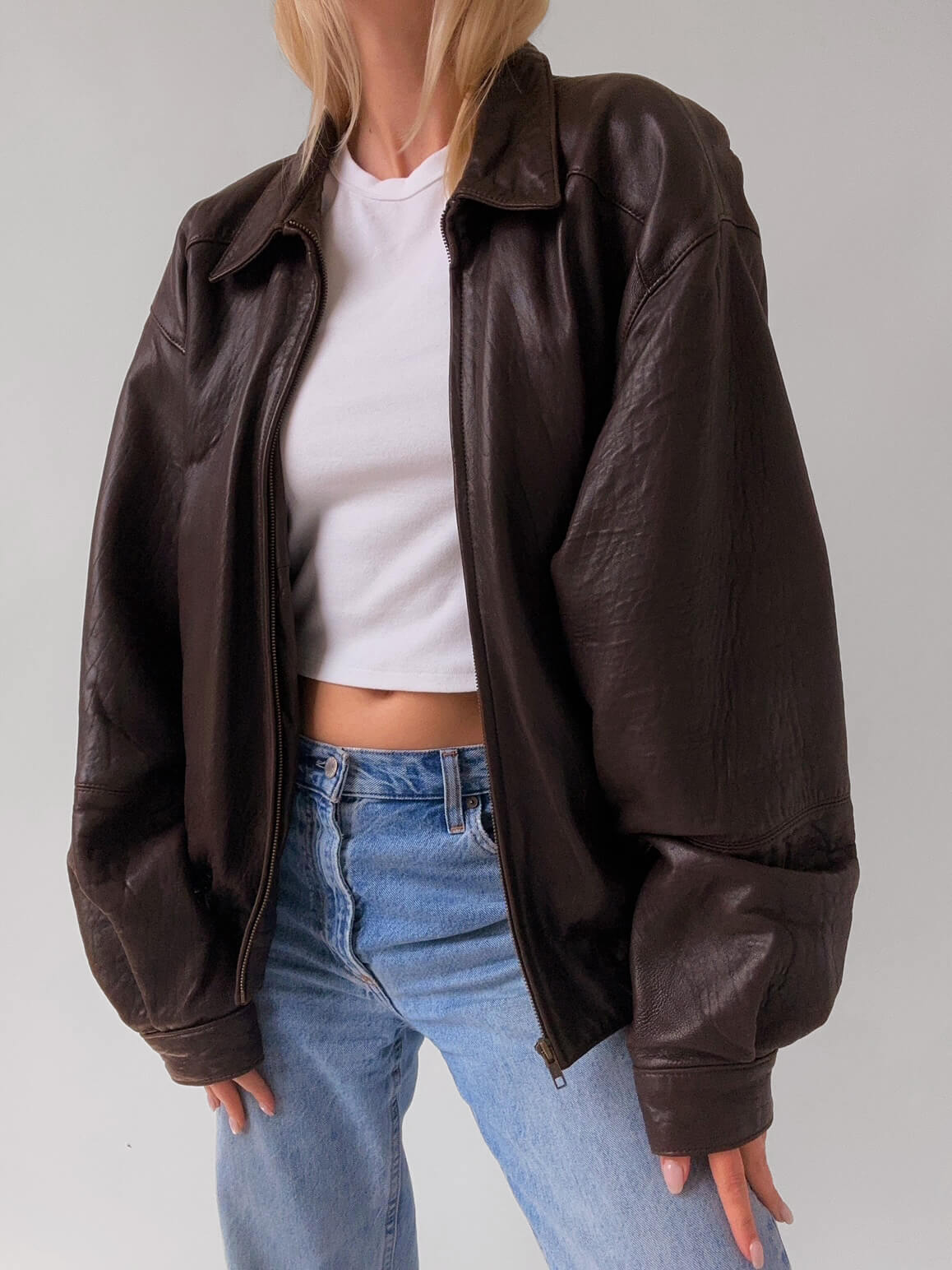 Vintage Oversized Pebbled Chocolate Leather Bomber Jacket  | XS-L