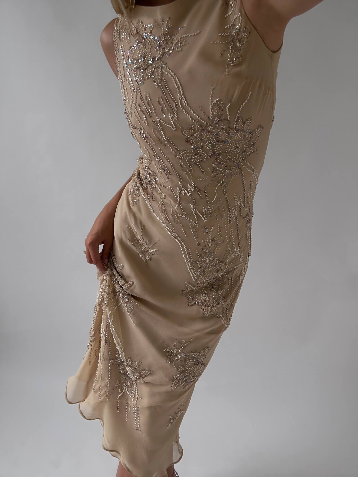 Vintage Beaded Silk Champagne Evening Dress | S