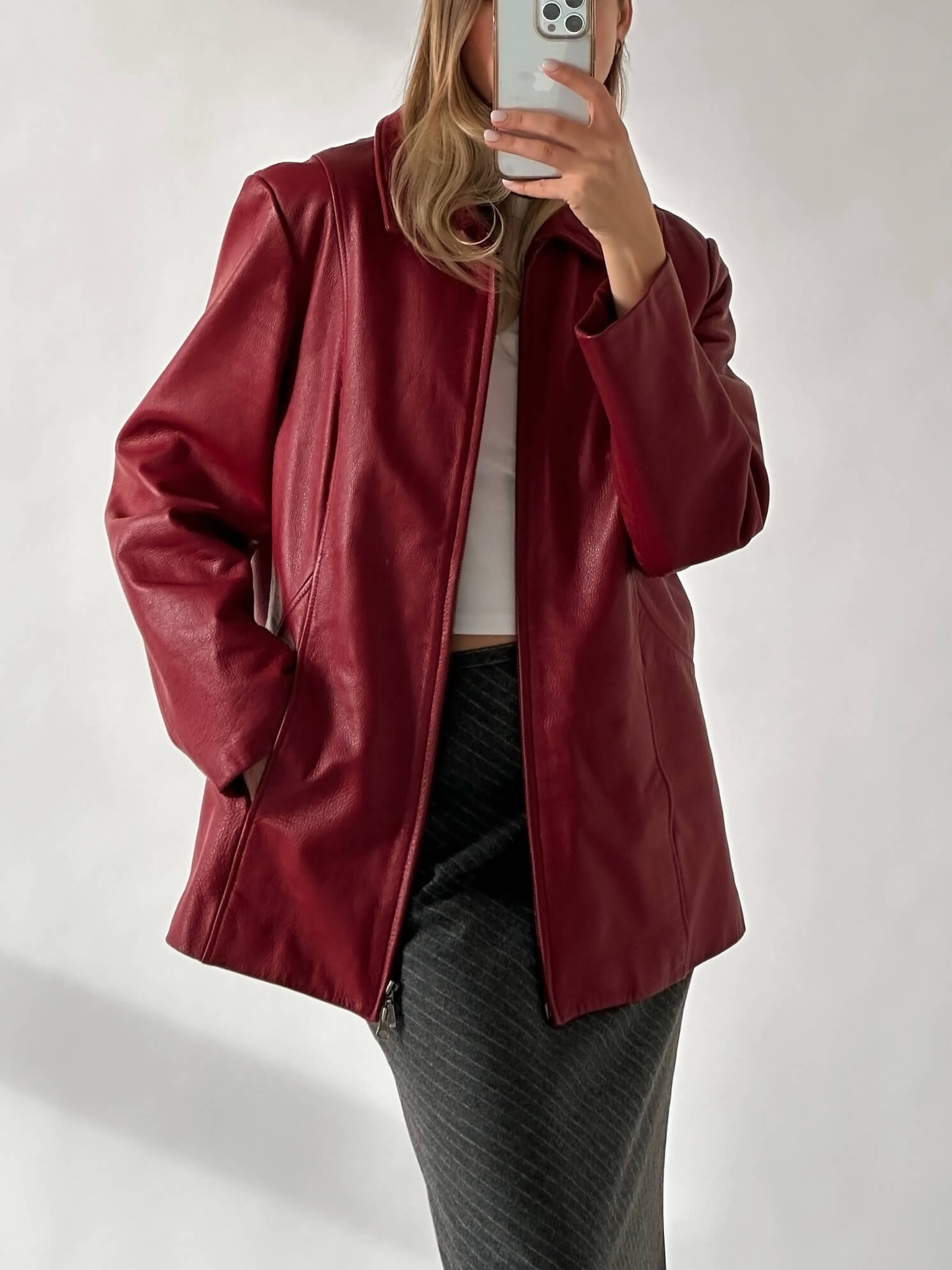 Vintage Oversized Crimson Straight Fit Leather Jacket | XS-L