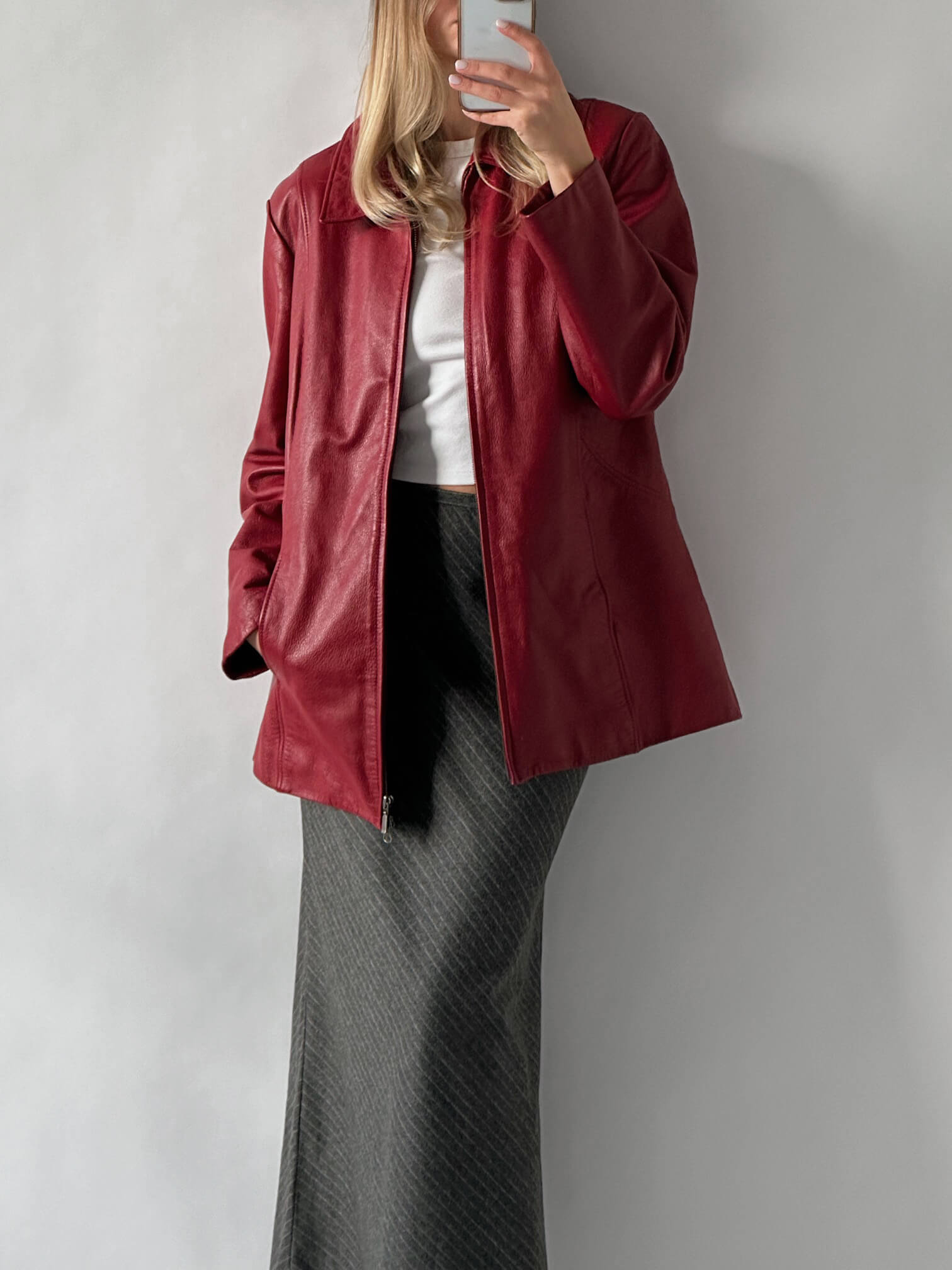 Vintage Oversized Crimson Straight Fit Leather Jacket | XS-L