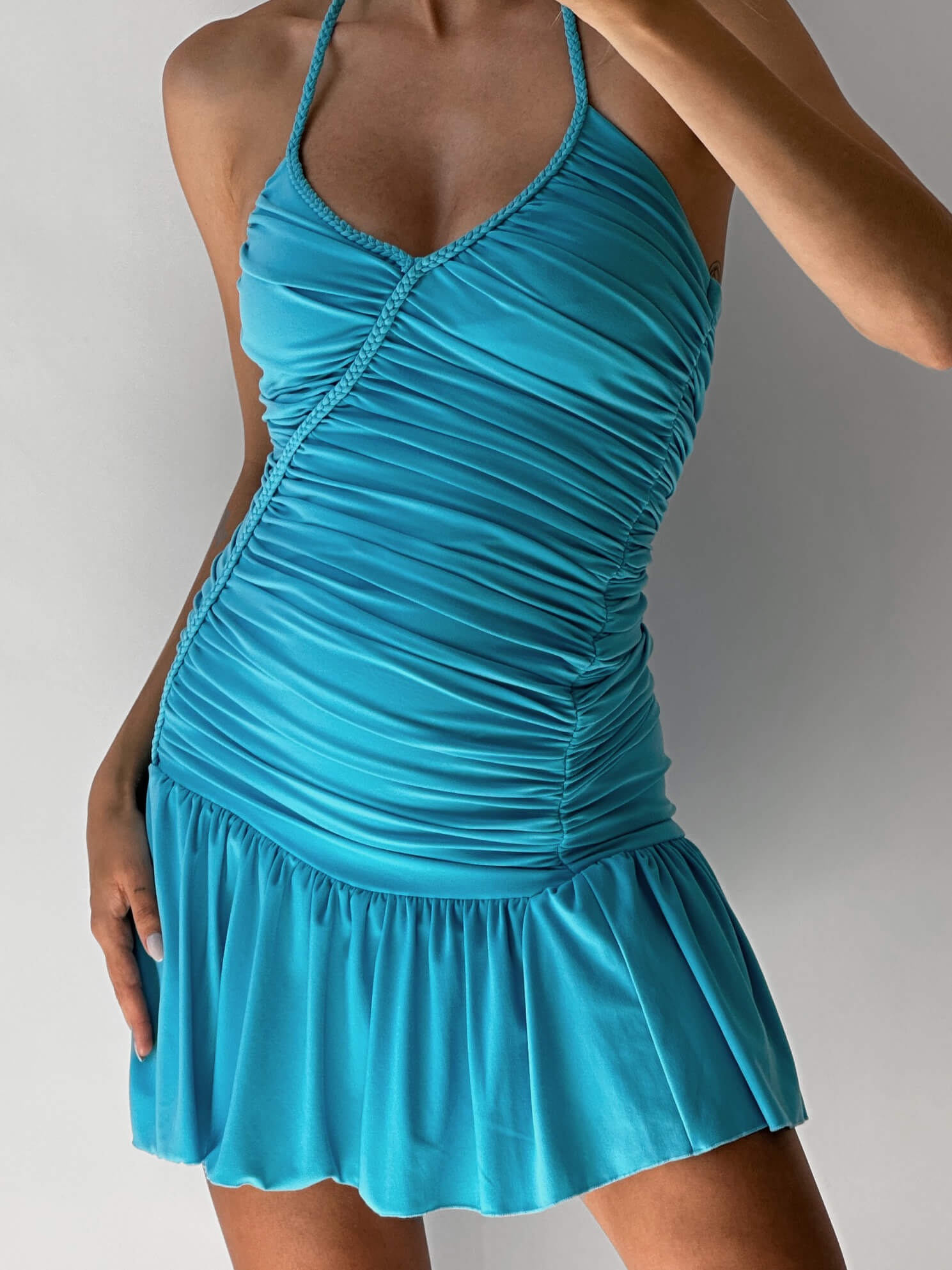 Vintage Aqua Ruched Halter Dress | S/M