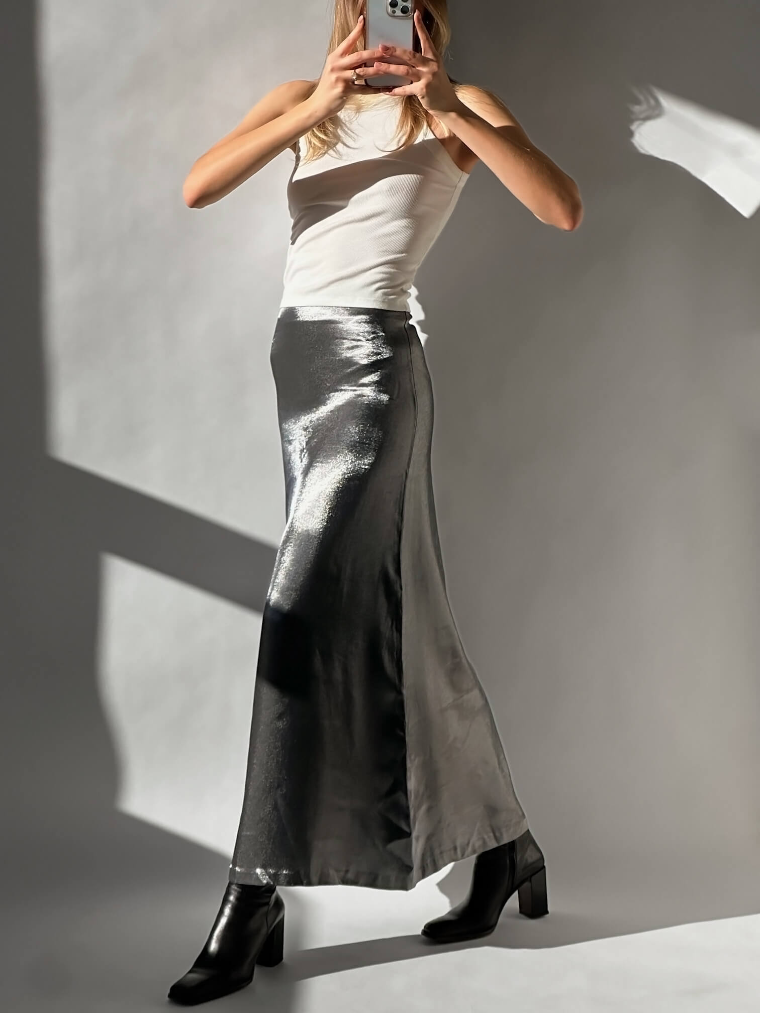 Vintage 90s Iridescent Silver Maxi Skirt | 1/XS