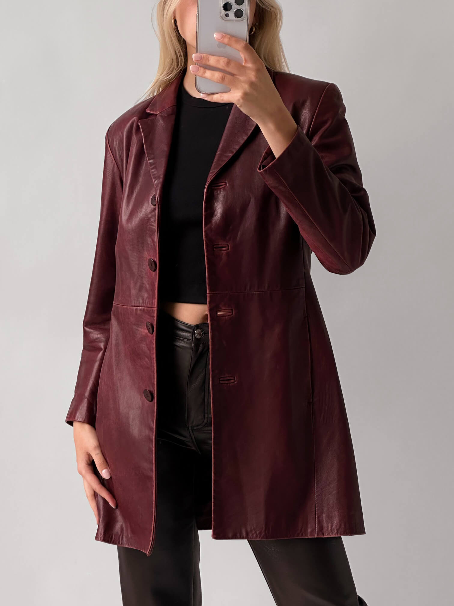 Vintage Burgundy Patina Long Leather Jacket | XS-M