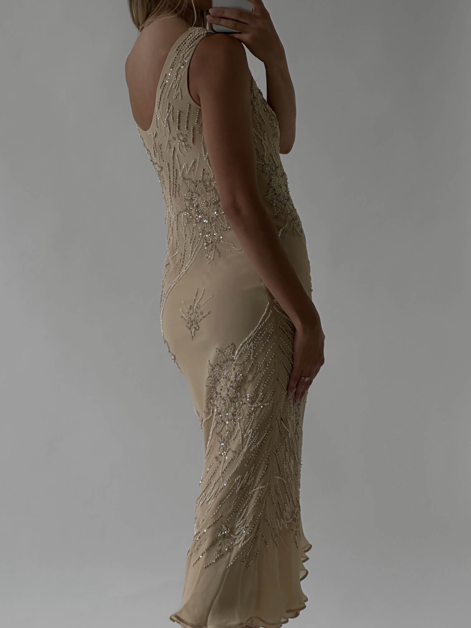 Vintage Beaded Silk Champagne Evening Dress | S