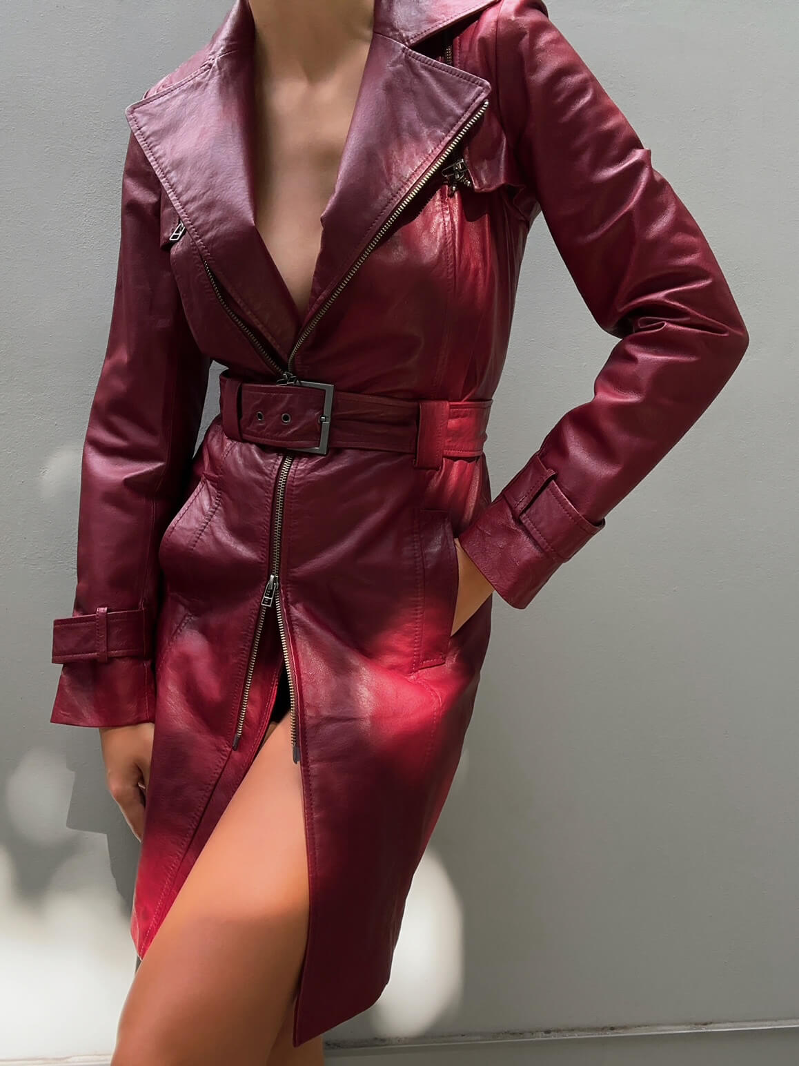 Vintage Burgundy Leather Trench Coat | XS/S