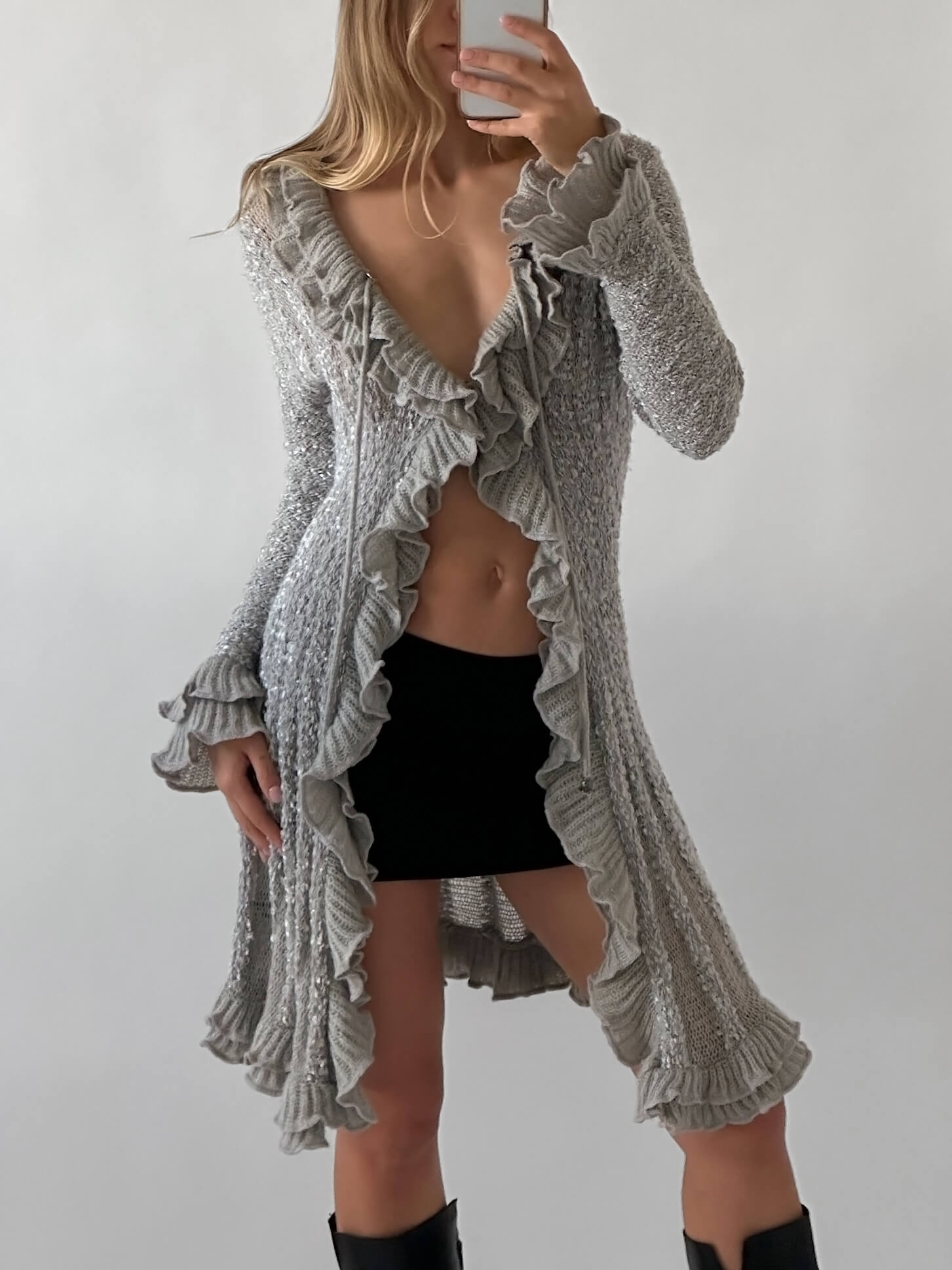 Vintage Boucle Knit Ruffle Cardigan | XS/S