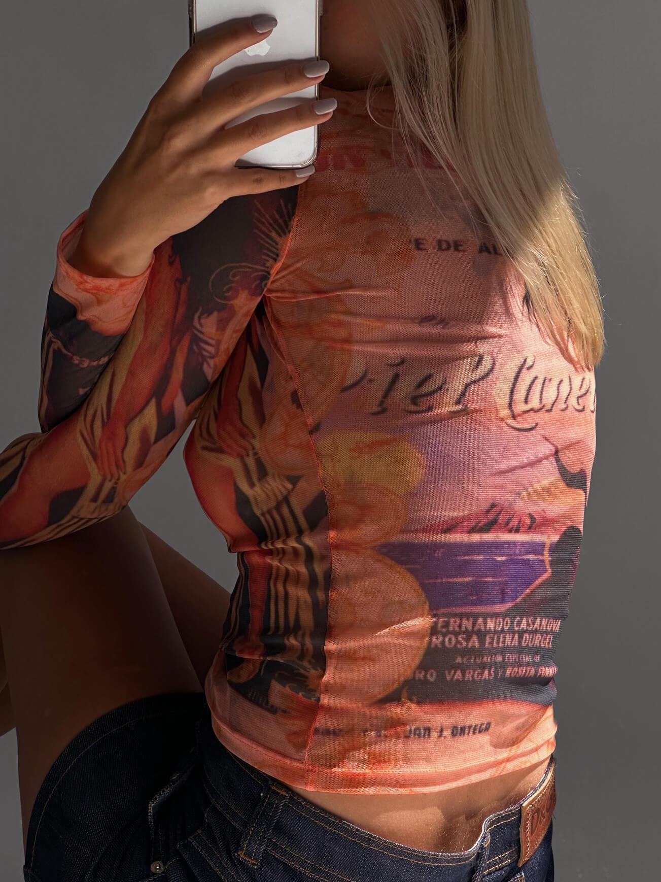 Vintage Diamanté Printed Mesh Top | S