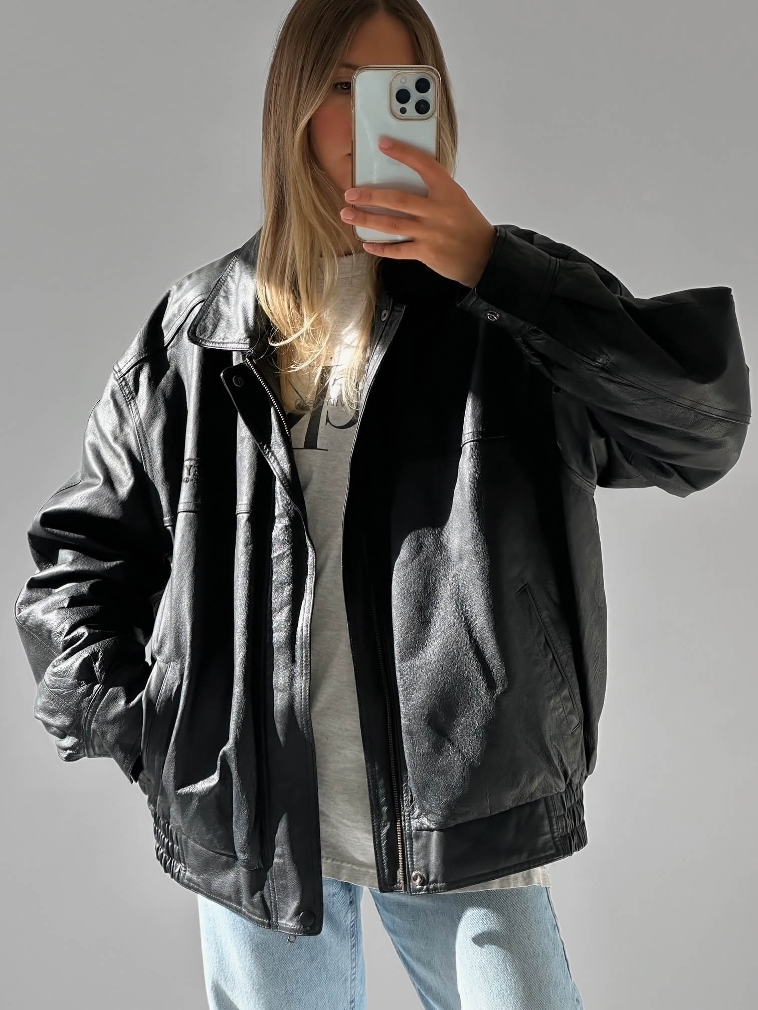 Vintage Oversized Embroidered Leather Bomber Jacket | S-XL