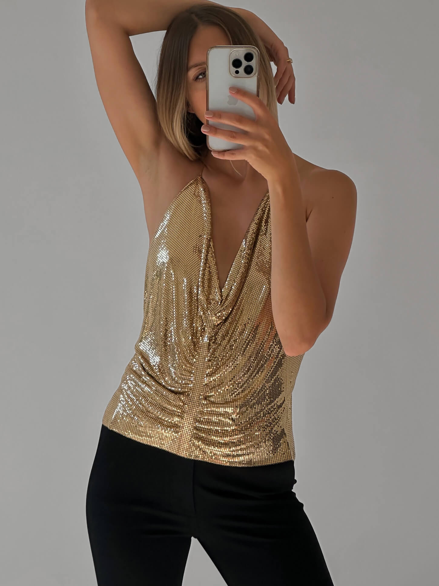 Vintage 1970s WHITING & DAVIS Gold Chainmail Top | XS-M