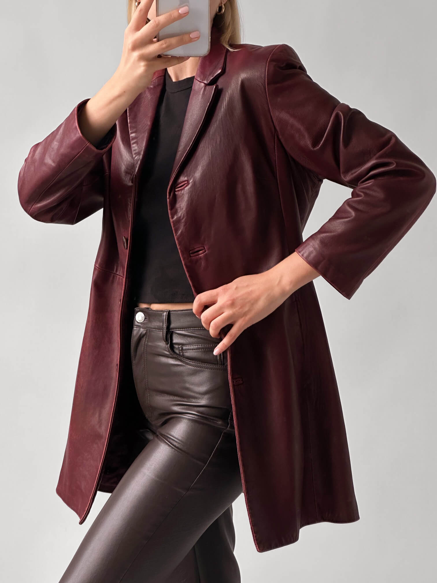 Vintage Burgundy Patina Long Leather Jacket | XS-M