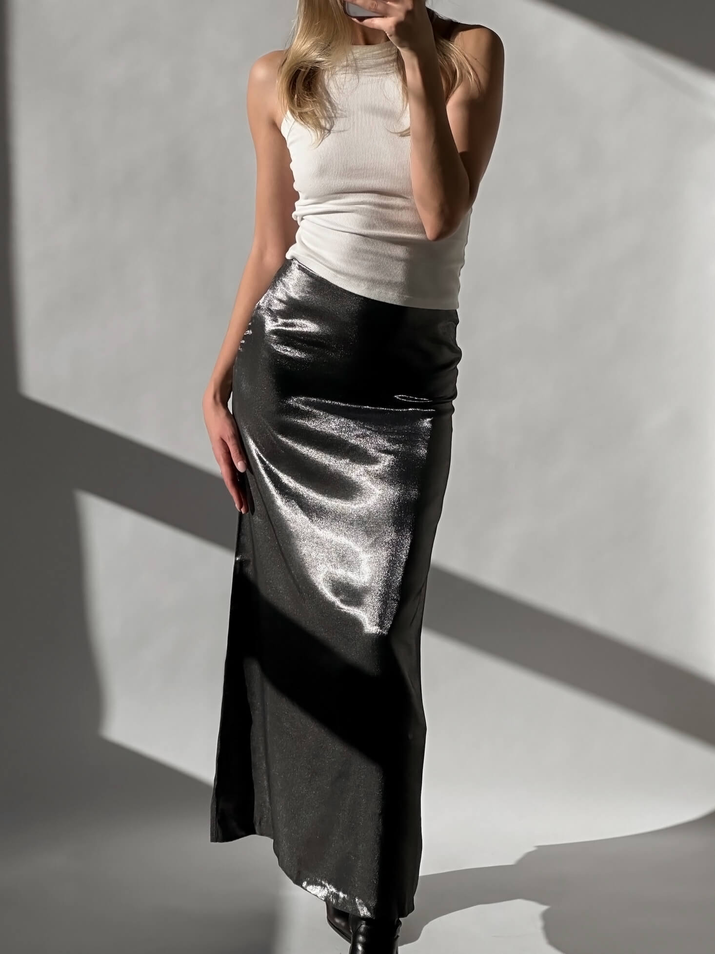 Vintage 90s Iridescent Silver Maxi Skirt | 1/XS