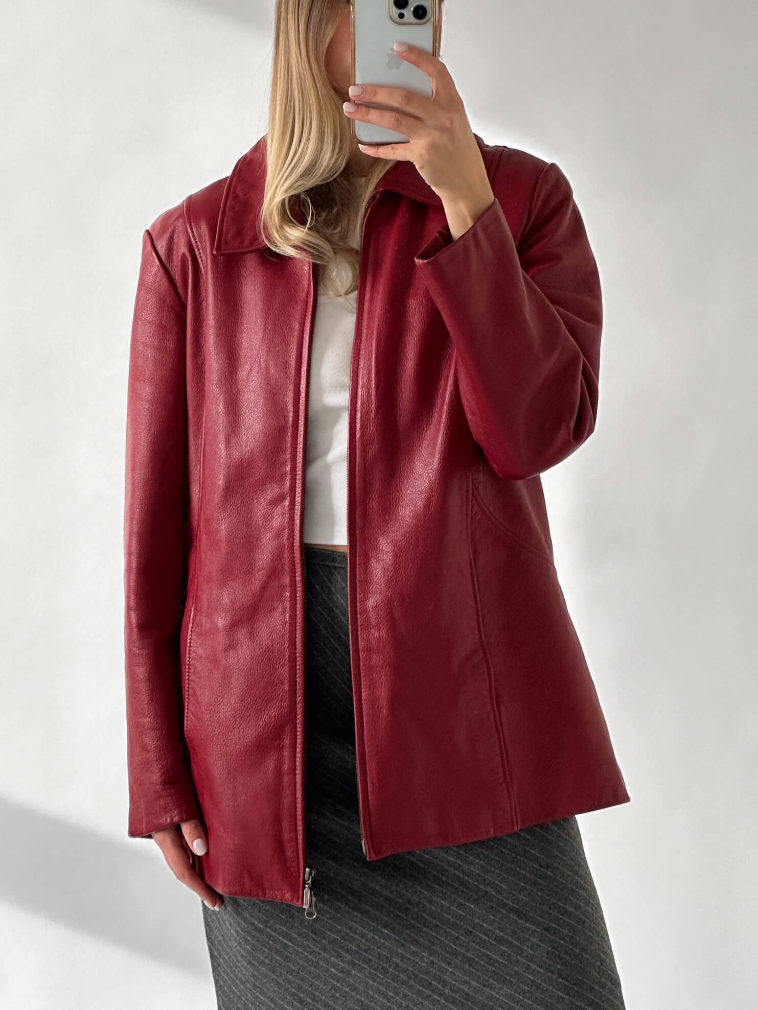 Vintage Oversized Crimson Straight Fit Leather Jacket | XS-L