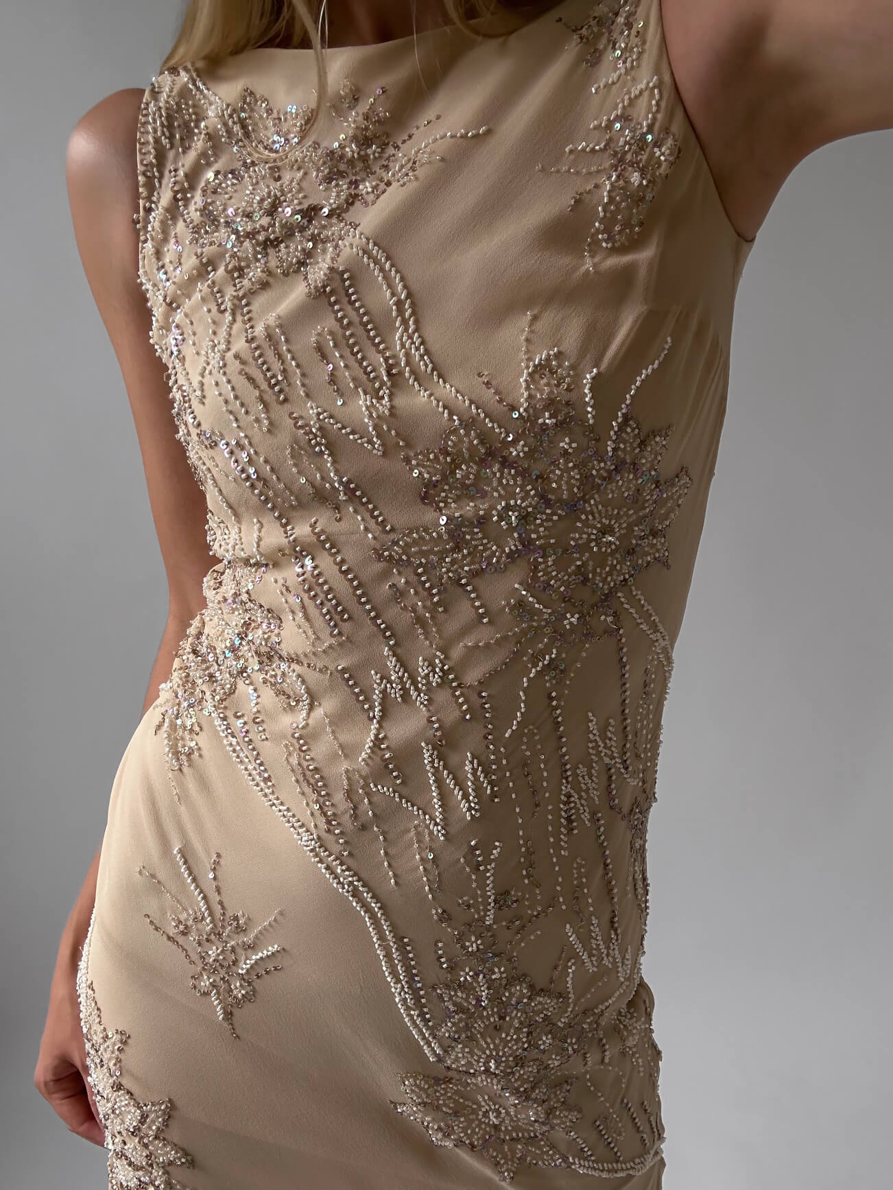 Vintage Beaded Silk Champagne Evening Dress | S