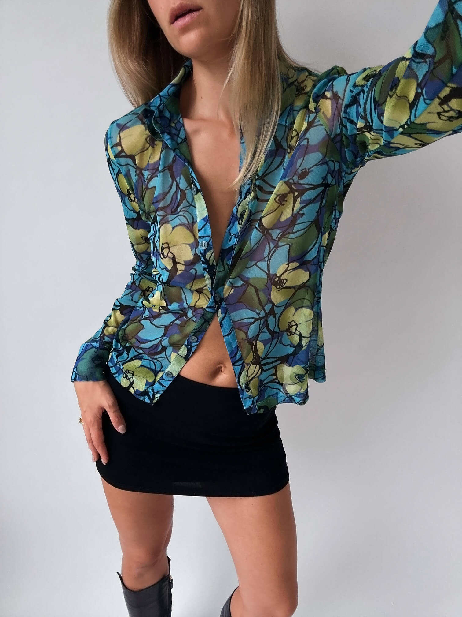 Vintage Floral Printed Mesh Top | M