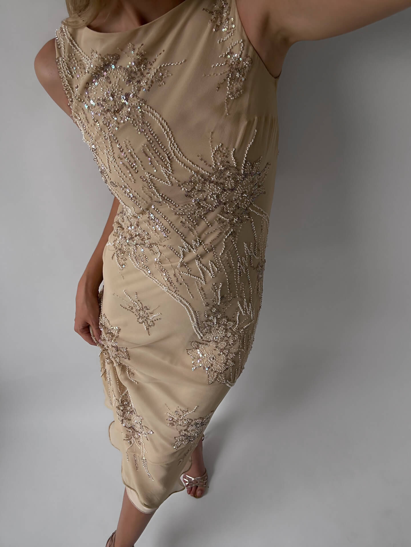 Vintage Beaded Silk Champagne Evening Dress | S