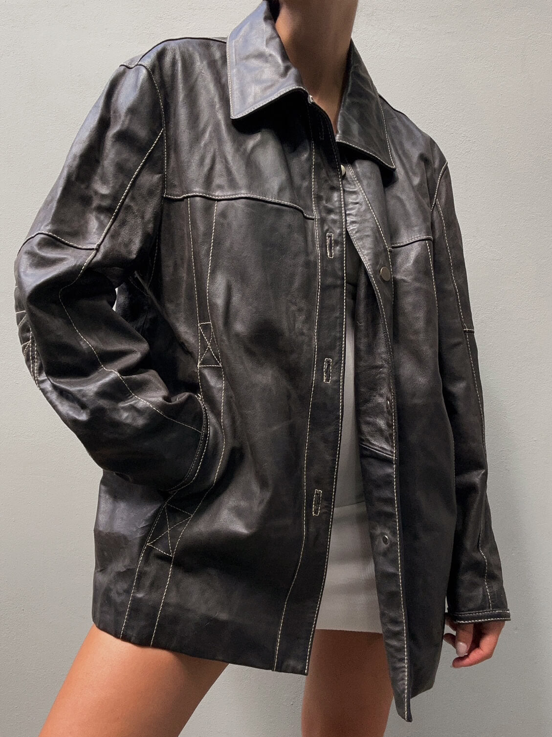 Vintage Contrast Stitch Oversized Leather Jacket | XS-XL
