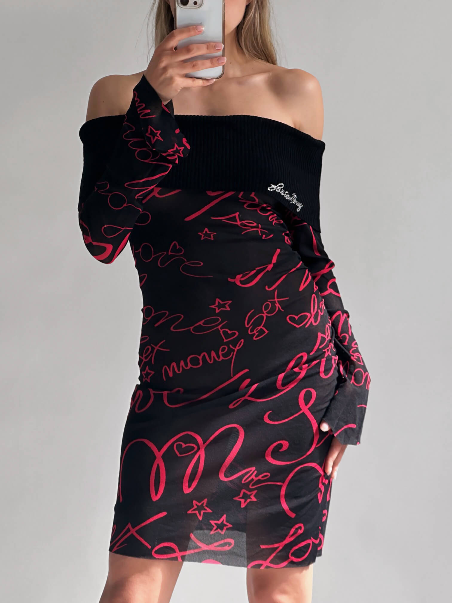 Vintage Italian Designer LOVE SEX MONEY Printed Mesh Dress| S/M