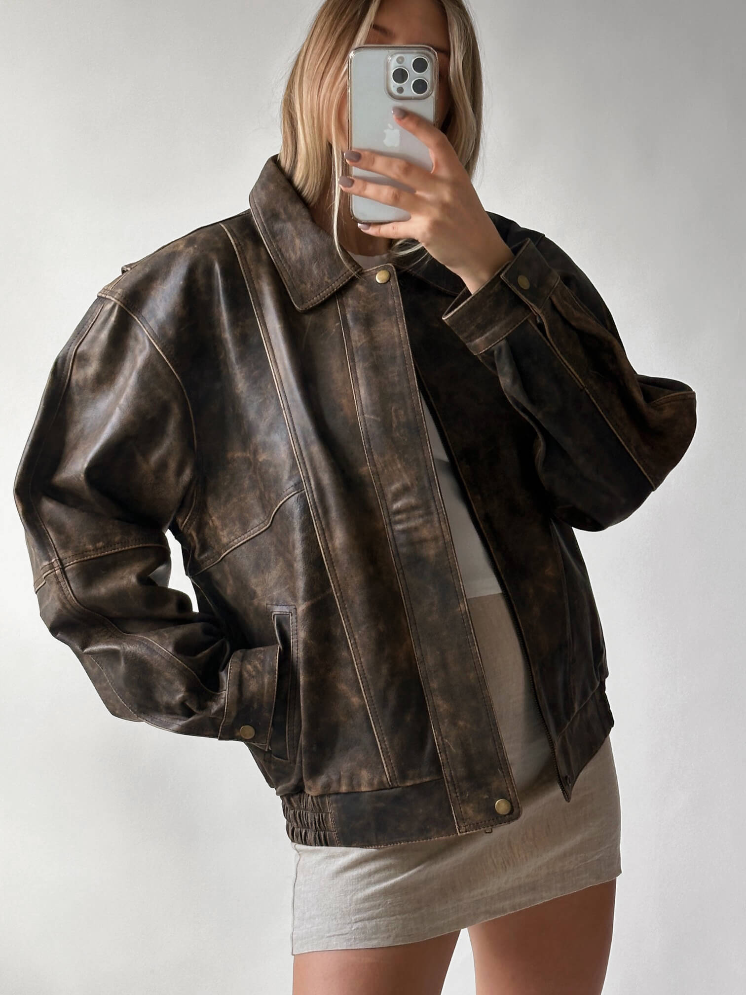 Signature Collection Oversized Leather Bomber Jacket | Brown Patina ...