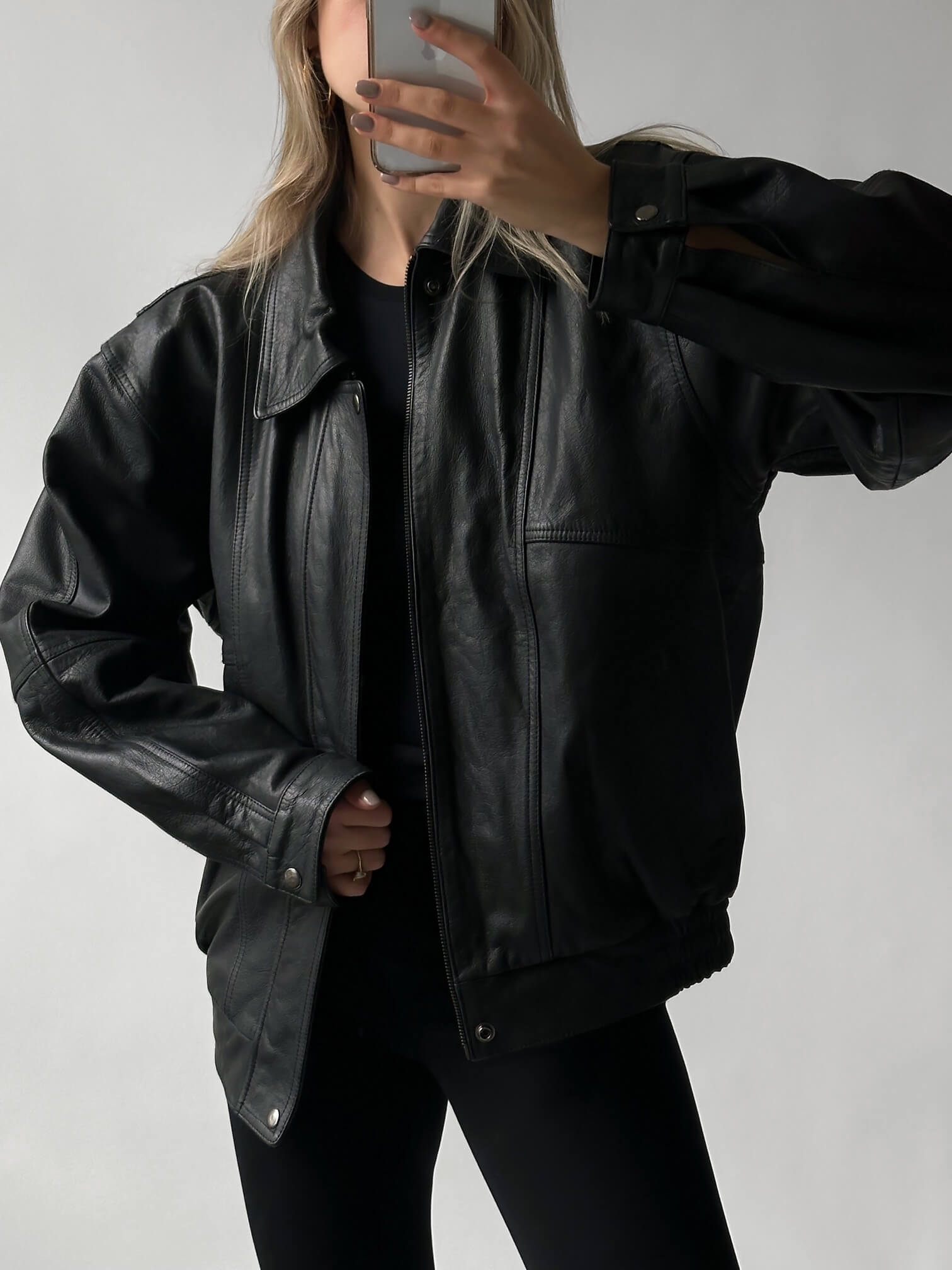 Signature Collection Oversized Leather Bomber Jacket | Classic Black