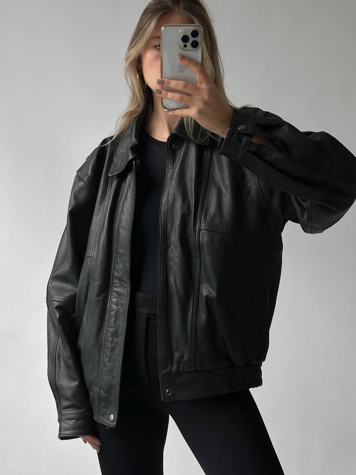 Signature Collection Oversized Leather Bomber Jacket | Classic Black