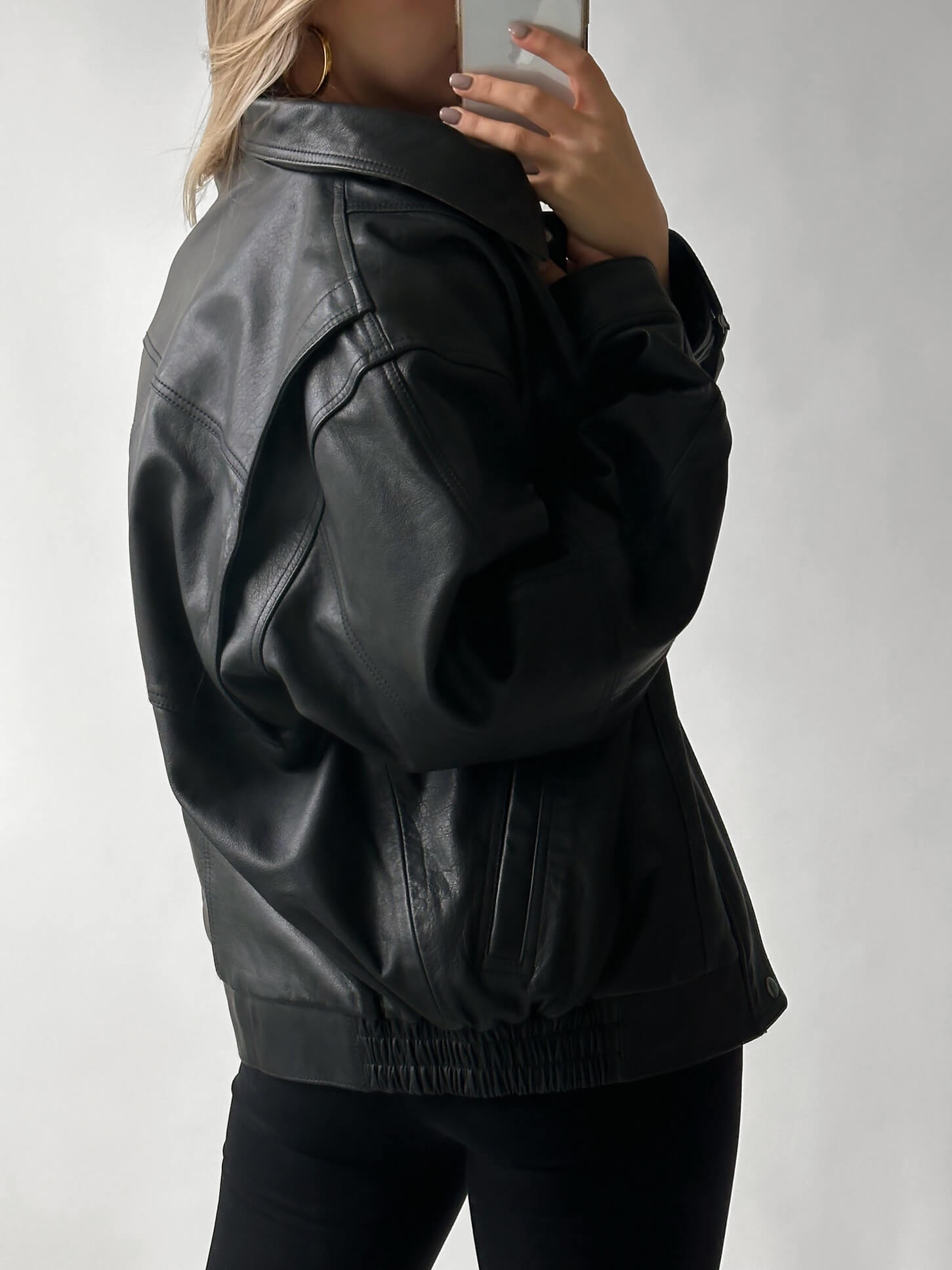 Signature Collection Oversized Leather Bomber Jacket | Classic Black