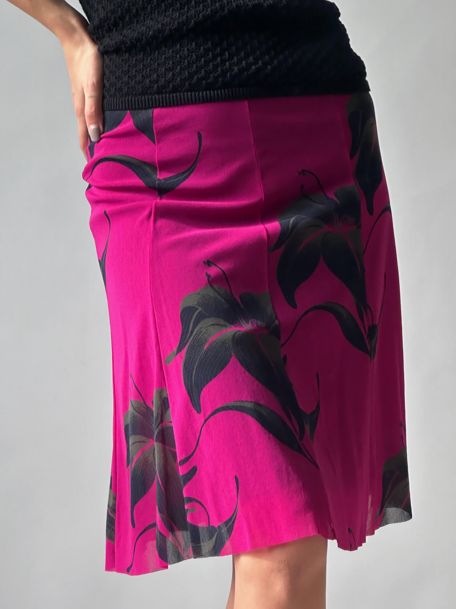 Vintage VIVIENNE TAM Fuchsia Lily Printed Mesh Skirt | 0/XS