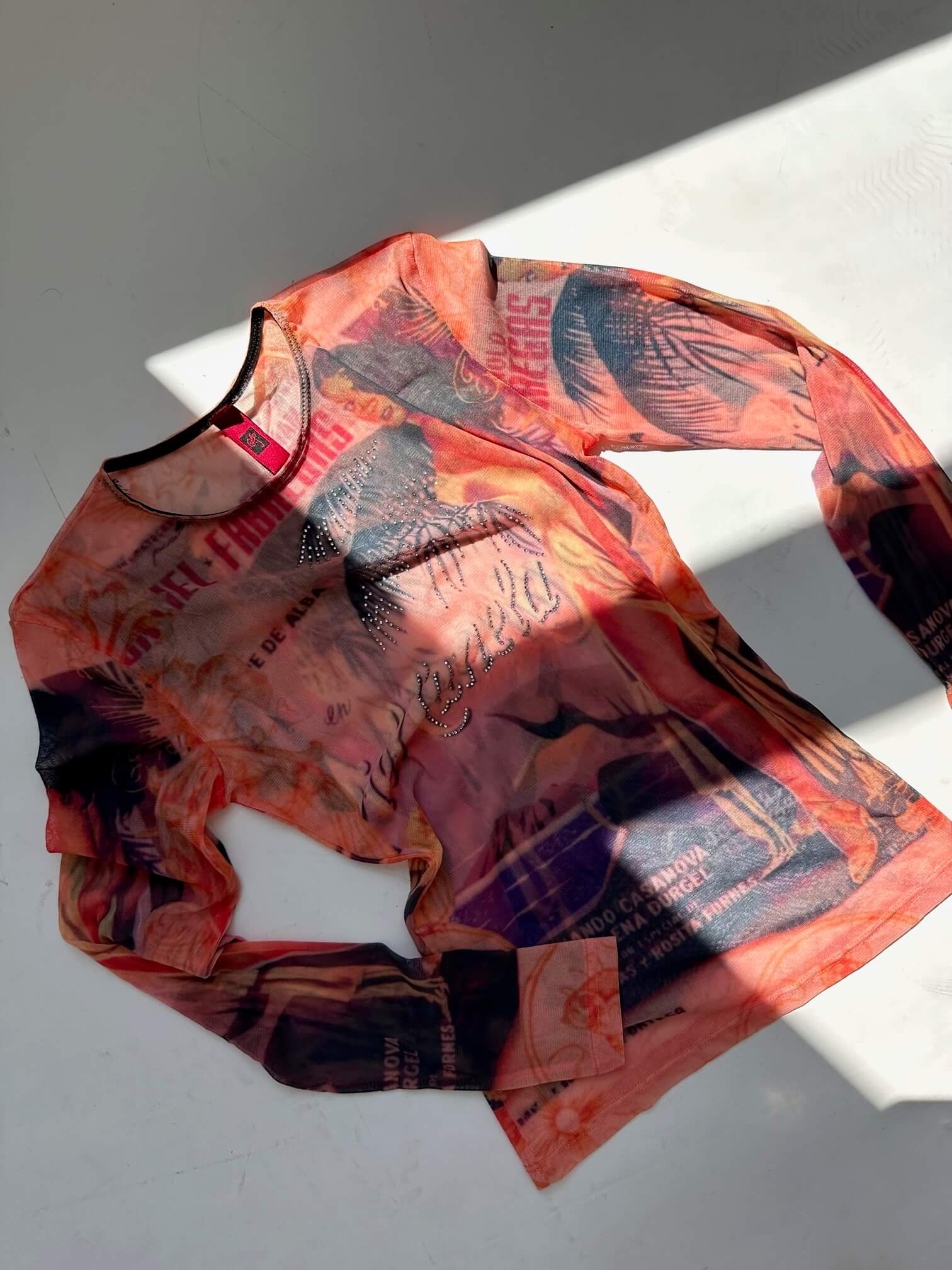 Vintage Diamanté Printed Mesh Top | S