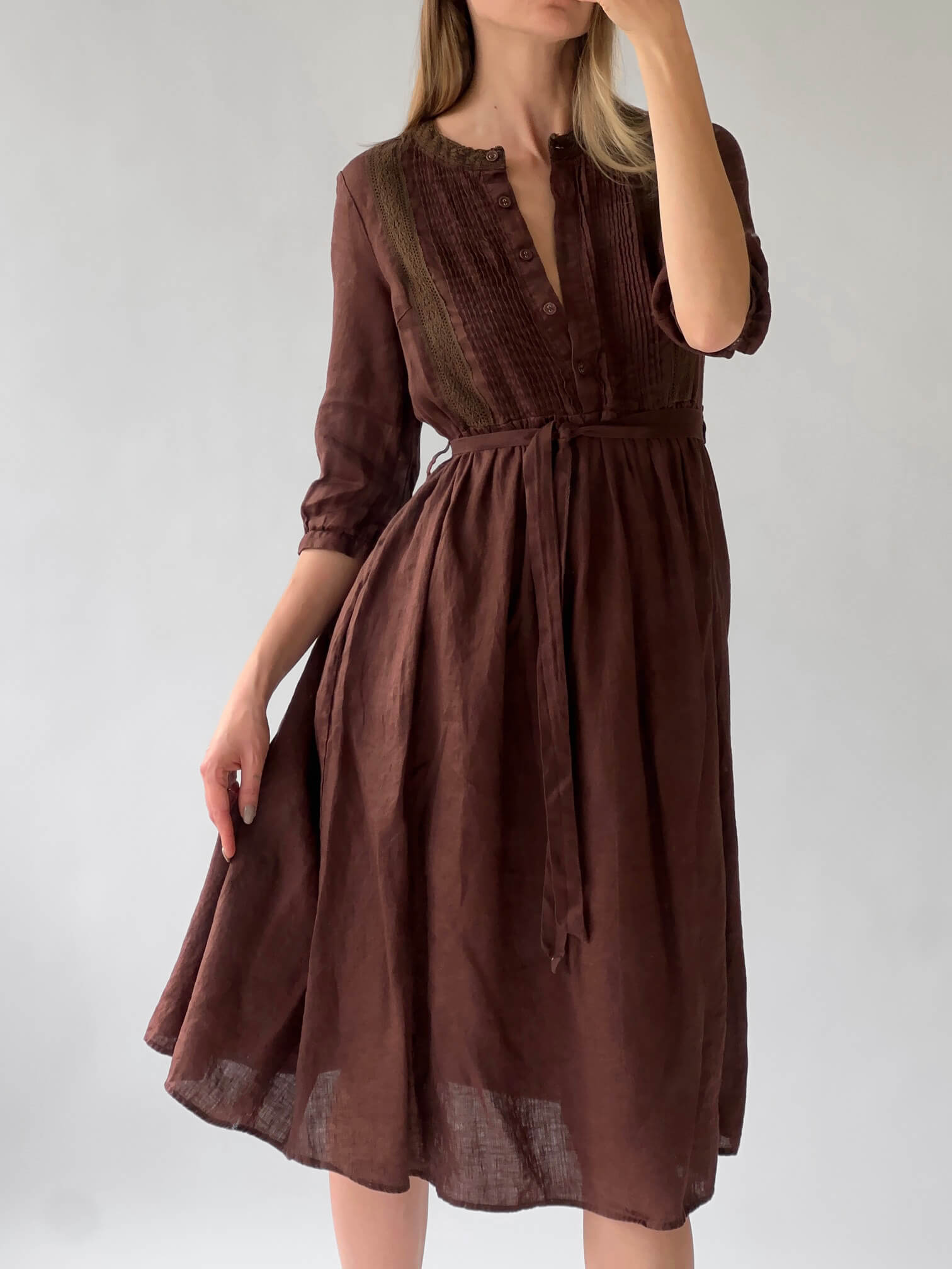 Belted Espresso Linen Dress | L