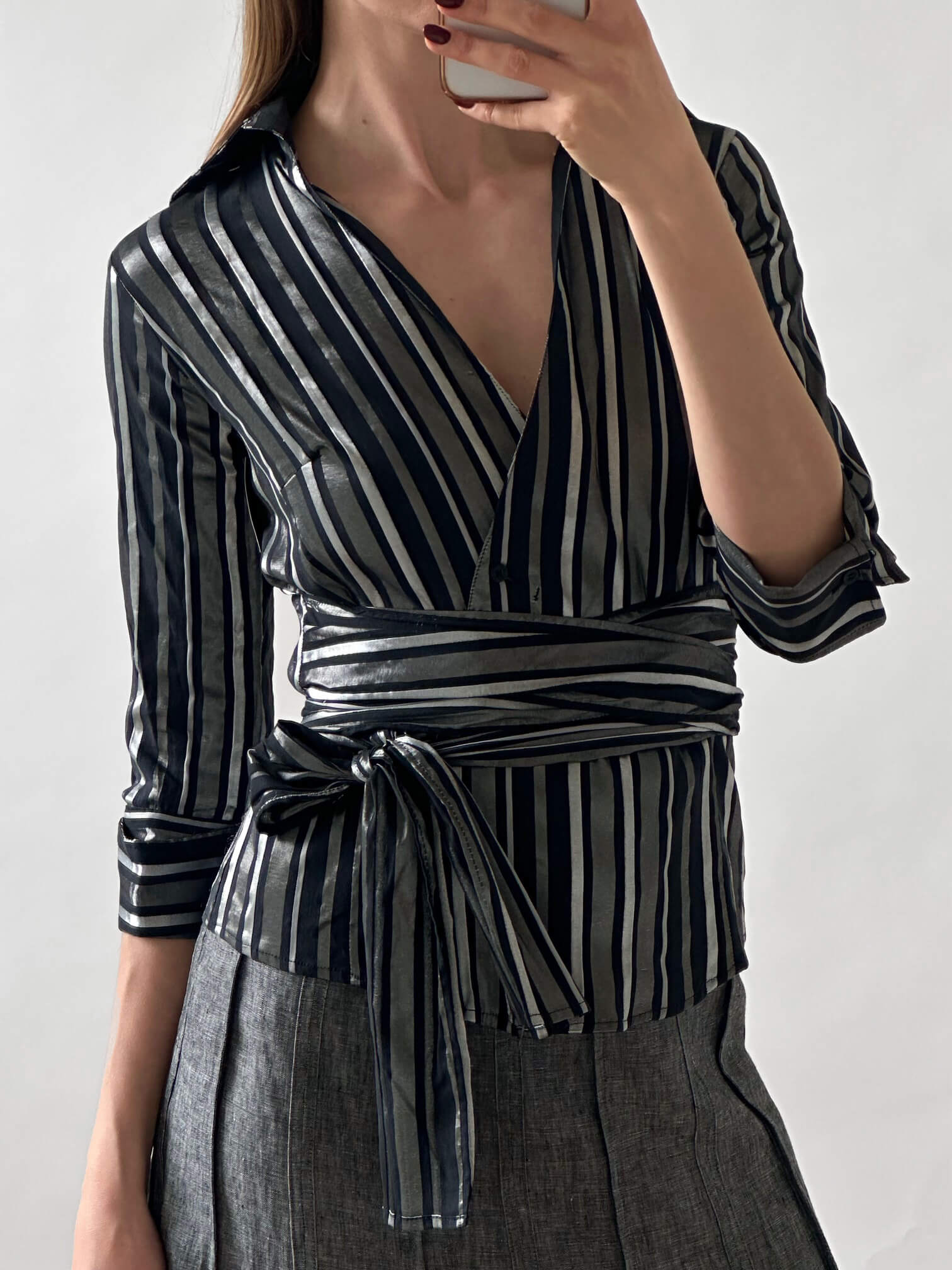 Early 2000s ZARA Metallic Striped Wrap Blouse | S