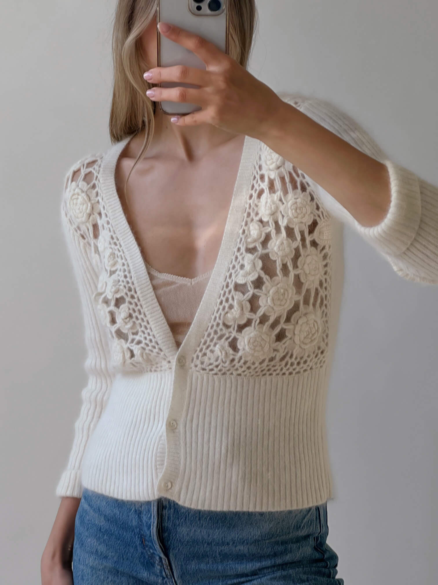 Vintage Floral Crochet Angora Cardigan | S-L