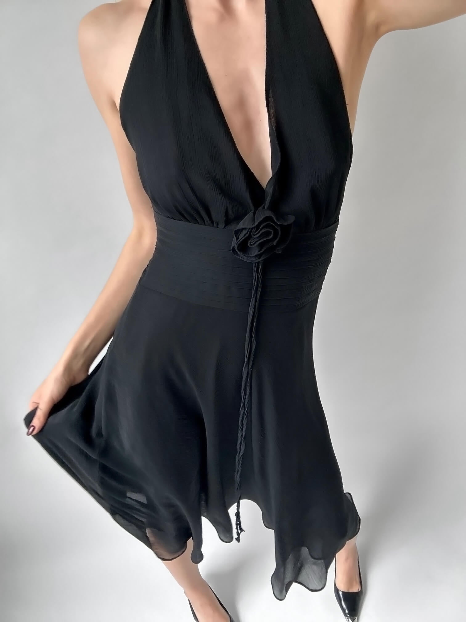 Vintage Chiffon Rosette Halter Dress | M