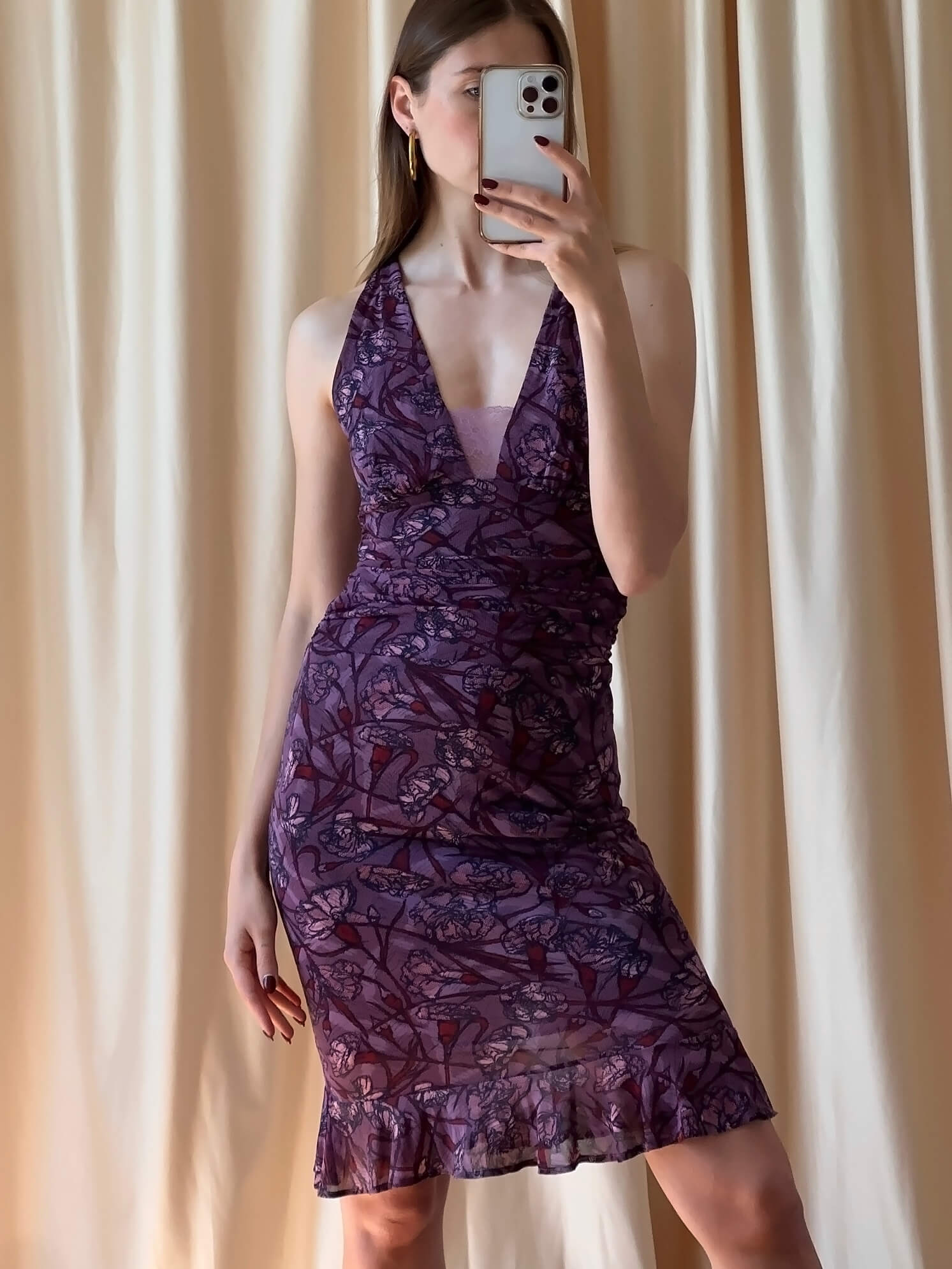 Vintage KOOKAI Printed Ruched Dress | 1/XS