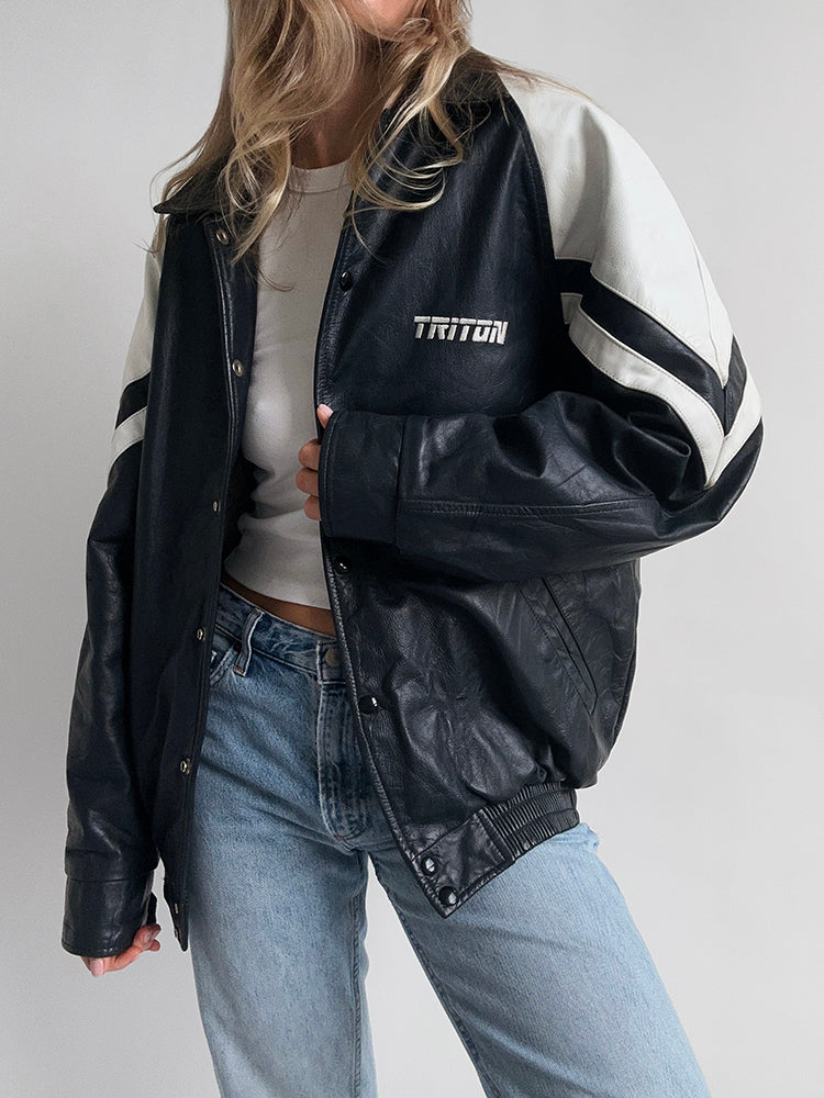 Vintage 80s Embroidered & Striped Oversized Leather Bomber Jacket | XS-XL