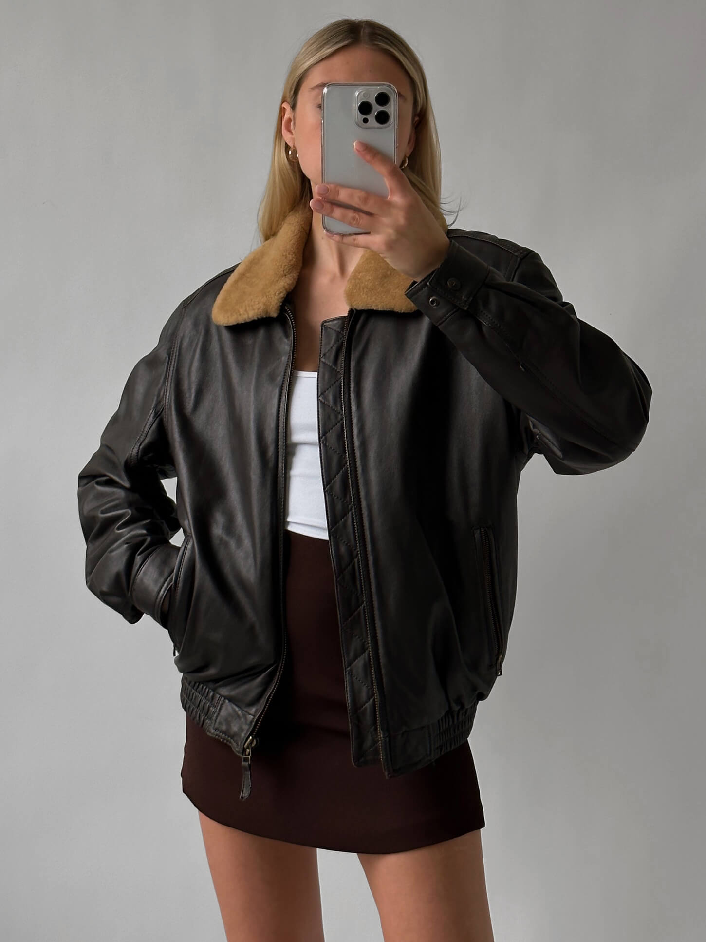 Vintage Dark Brown Oversized Leather Bomber Jacket | XS-L