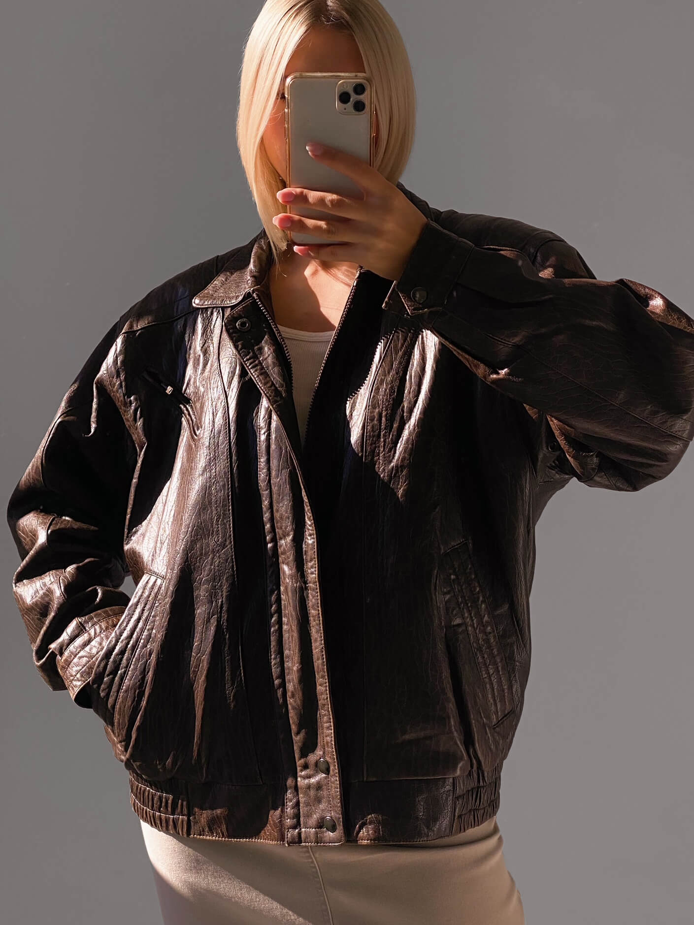 Vintage Oversized Chocolate Textured Leather Bomber Jacket | XS-XL