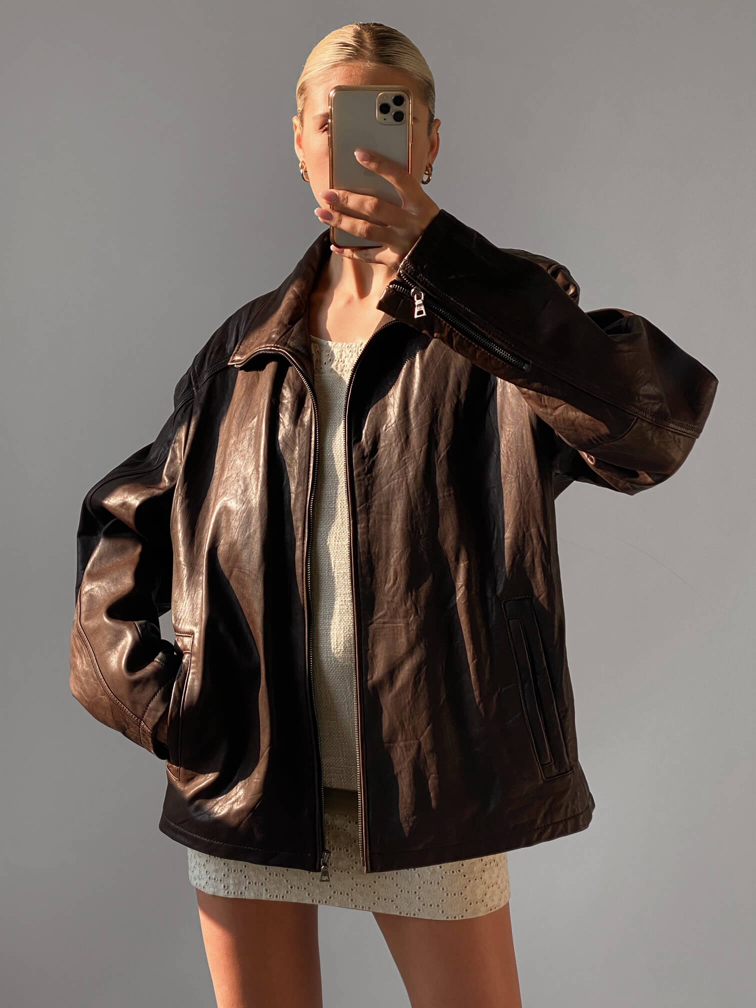 Vintage Cocoa Oversized Leather Jacket | XS-XL