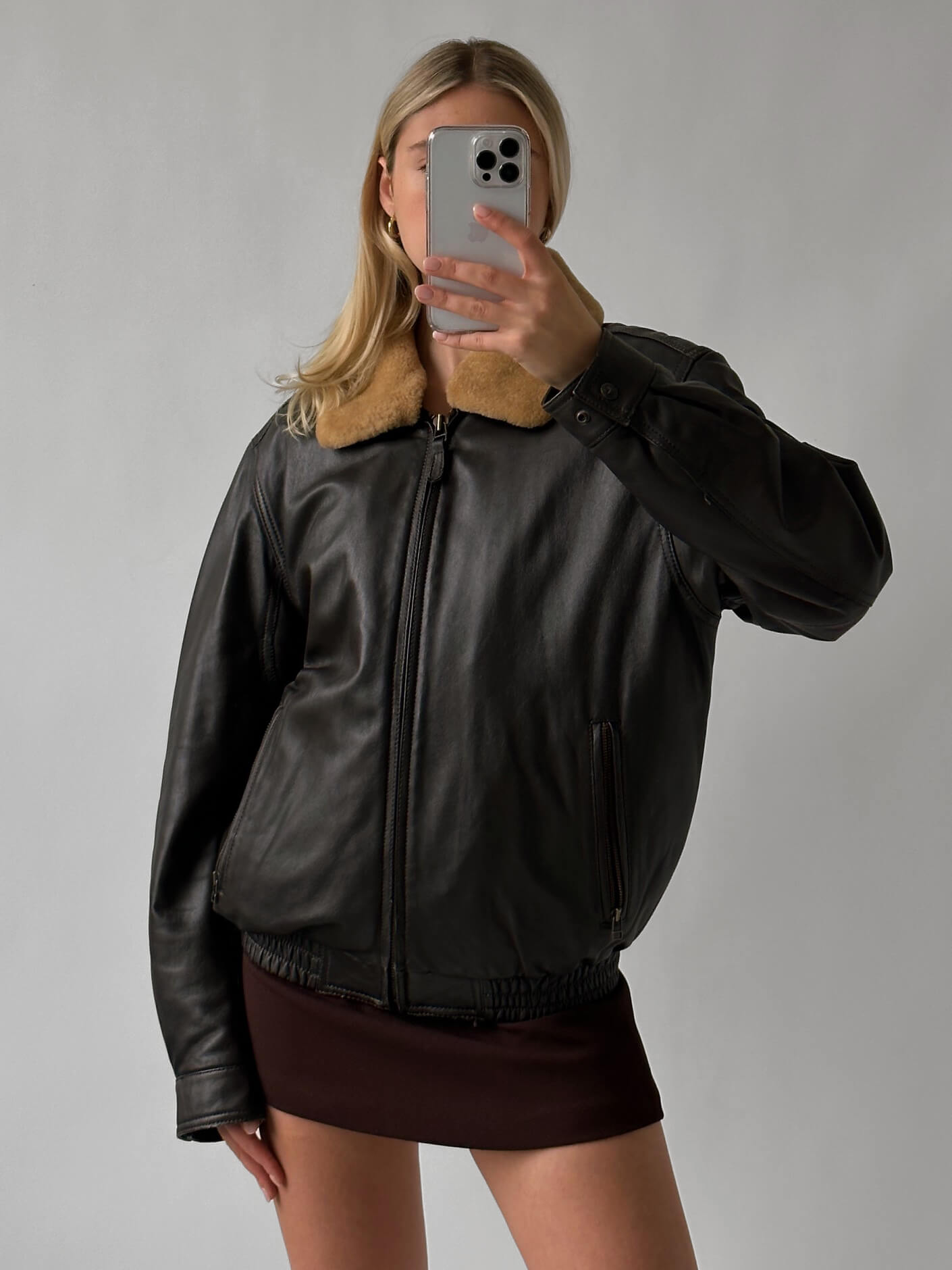 Vintage Dark Brown Oversized Leather Bomber Jacket | XS-L