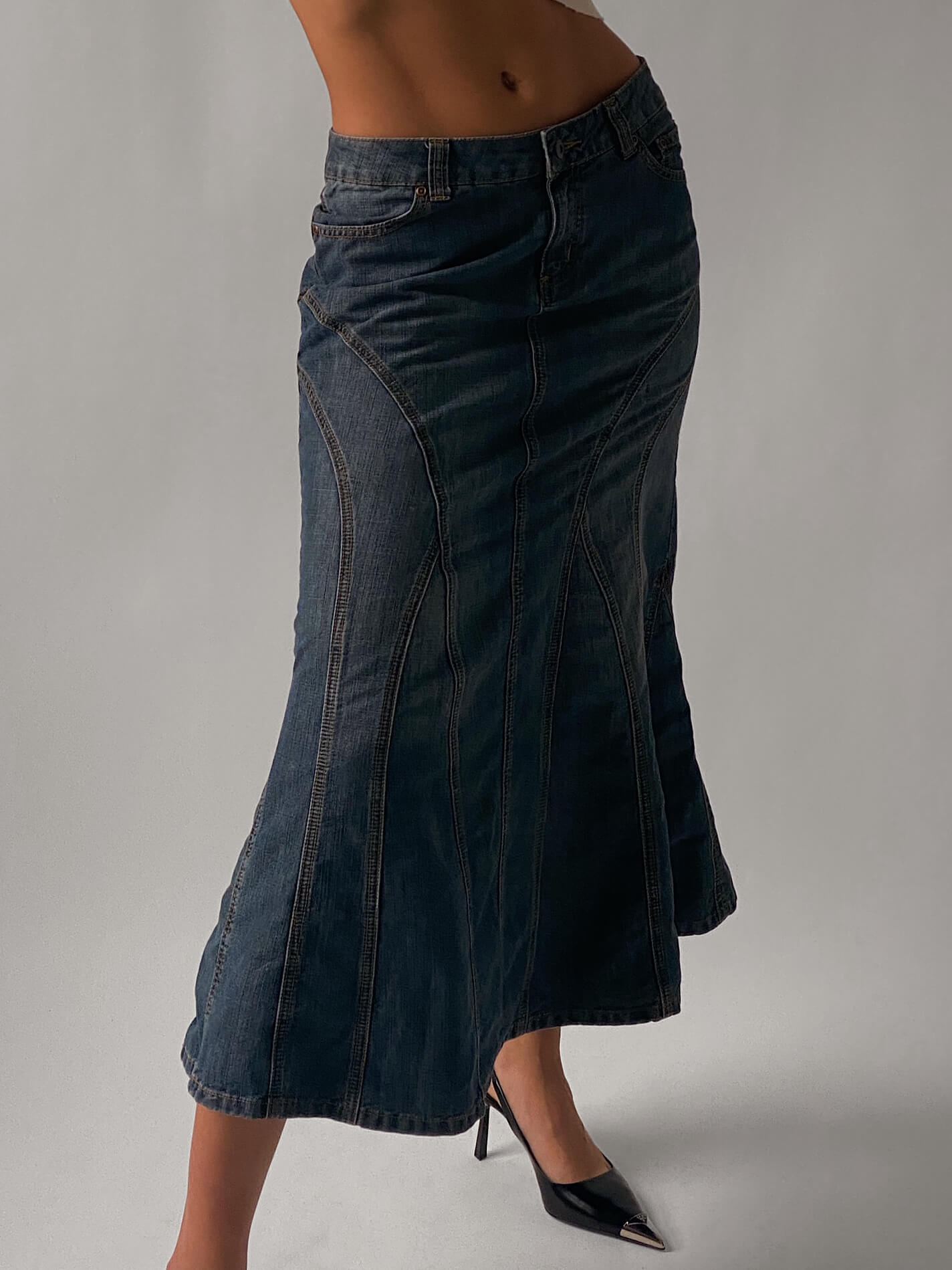 Vintage Denim Flared Maxi Skirt | M